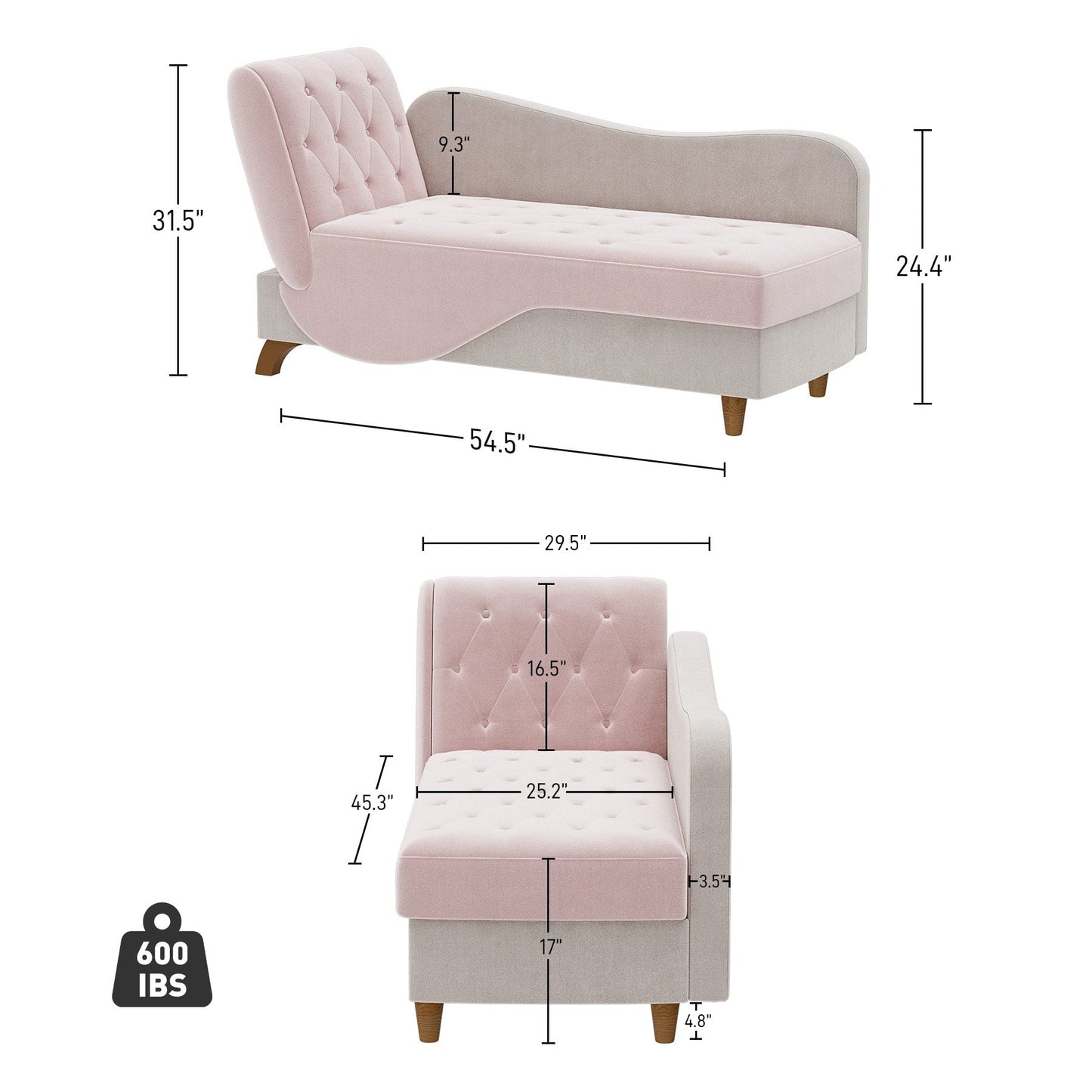 Chaise longue rembourrée Ouyessir avec accoudoir gauche et coussin lombaire