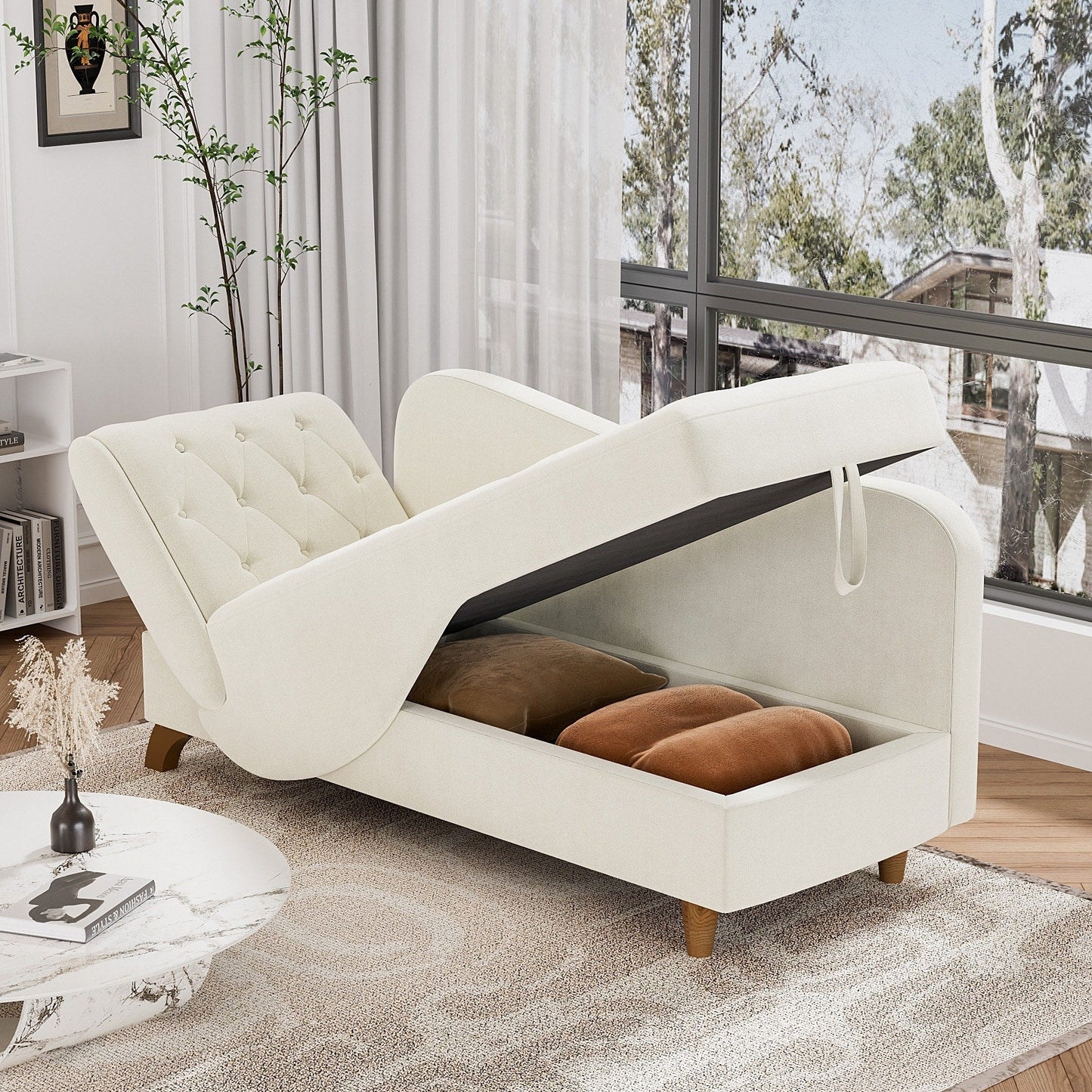 Chaise longue rembourrée Ouyessir avec accoudoir gauche et coussin lombaire