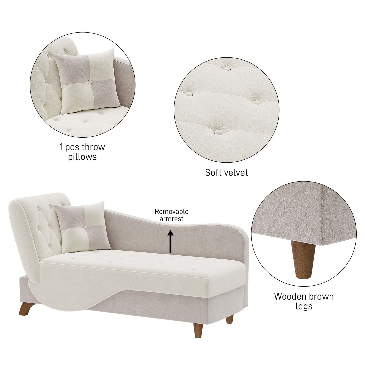 Chaise longue rembourrée Ouyessir avec accoudoir gauche et coussin lombaire