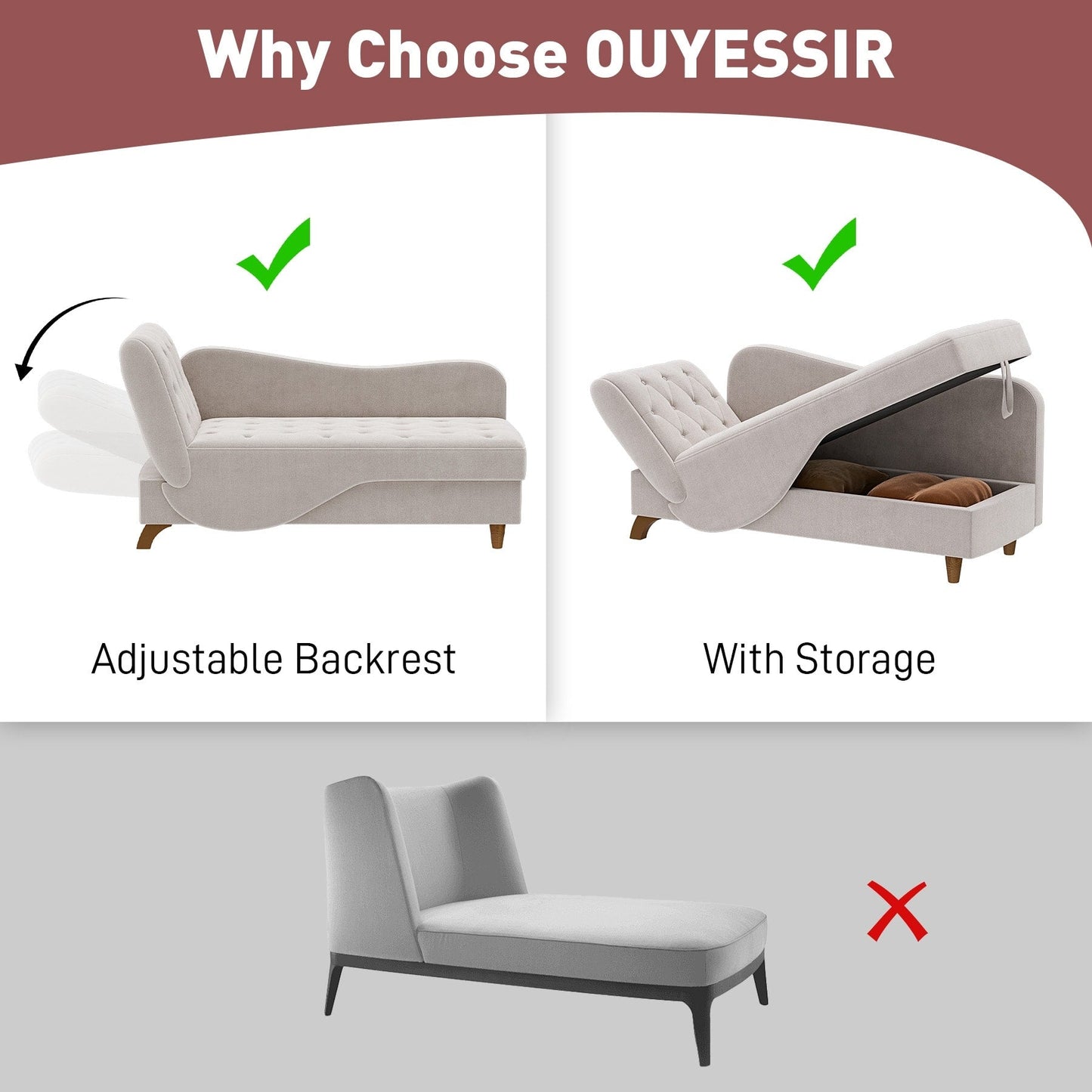Chaise longue rembourrée Ouyessir avec accoudoir gauche et coussin lombaire