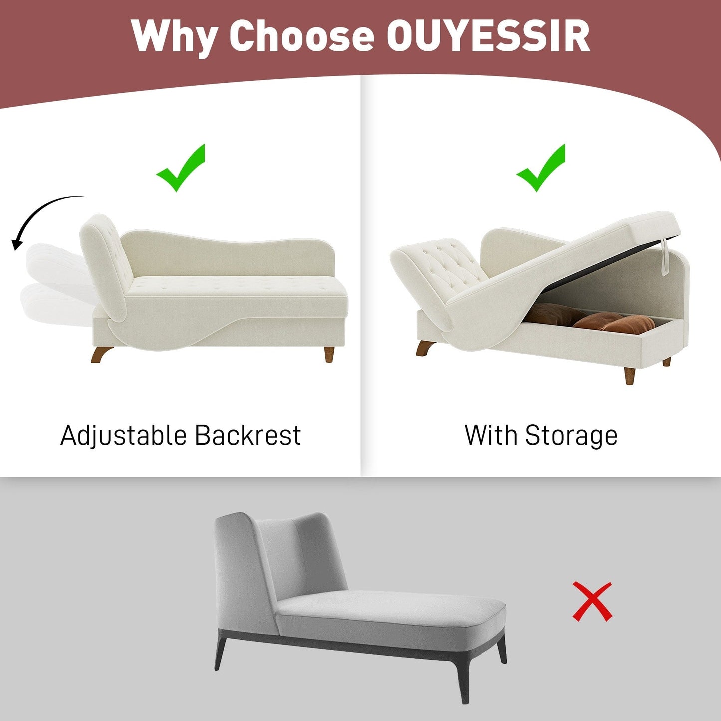 Chaise longue rembourrée Ouyessir avec accoudoir gauche et coussin lombaire