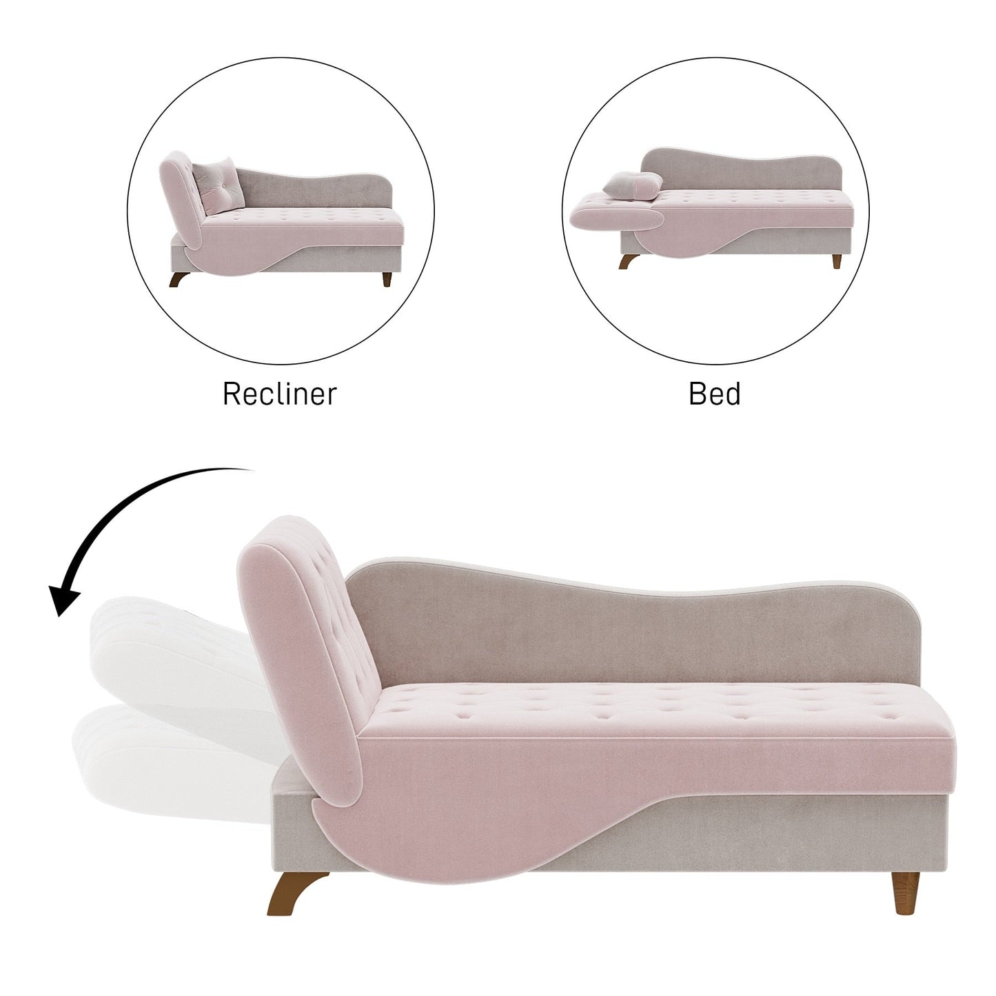 Chaise longue rembourrée Ouyessir avec accoudoir gauche et coussin lombaire