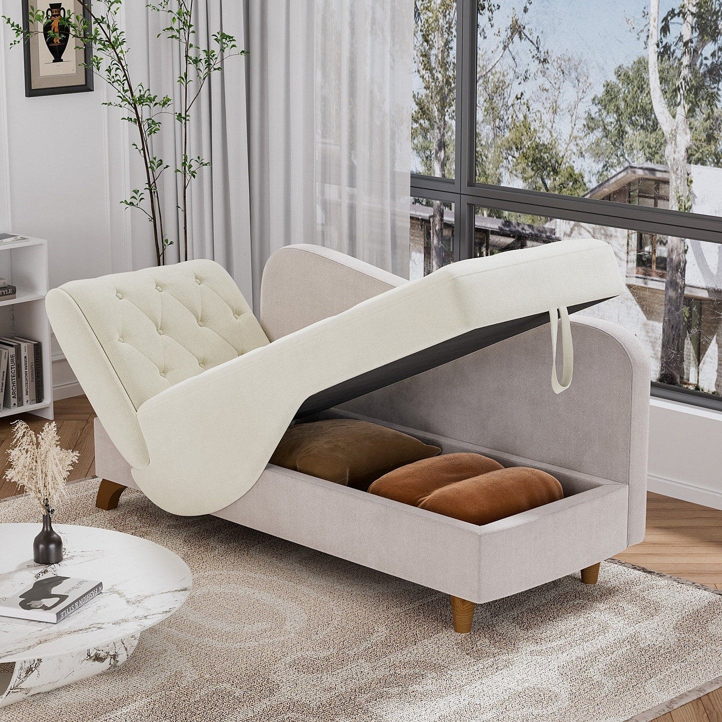 Chaise longue rembourrée Ouyessir avec accoudoir gauche et coussin lombaire