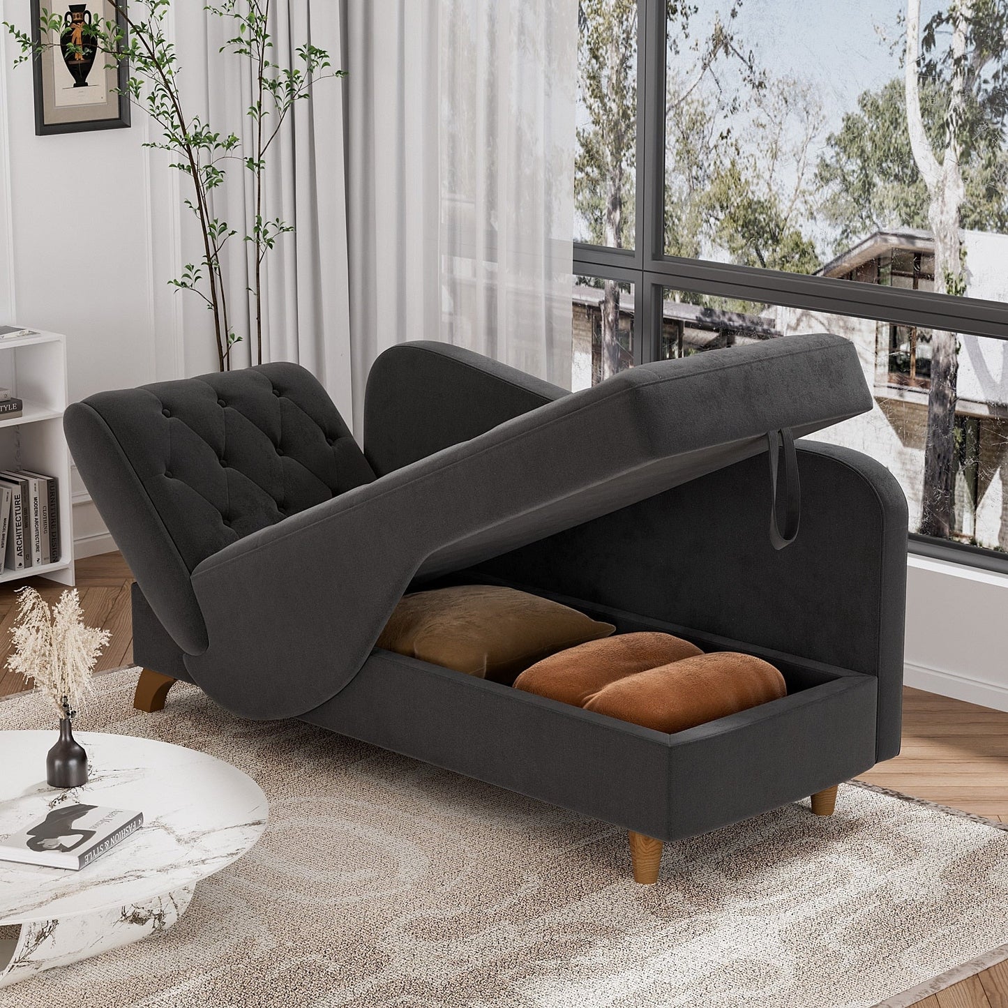 Chaise longue rembourrée Ouyessir avec accoudoir gauche et coussin lombaire