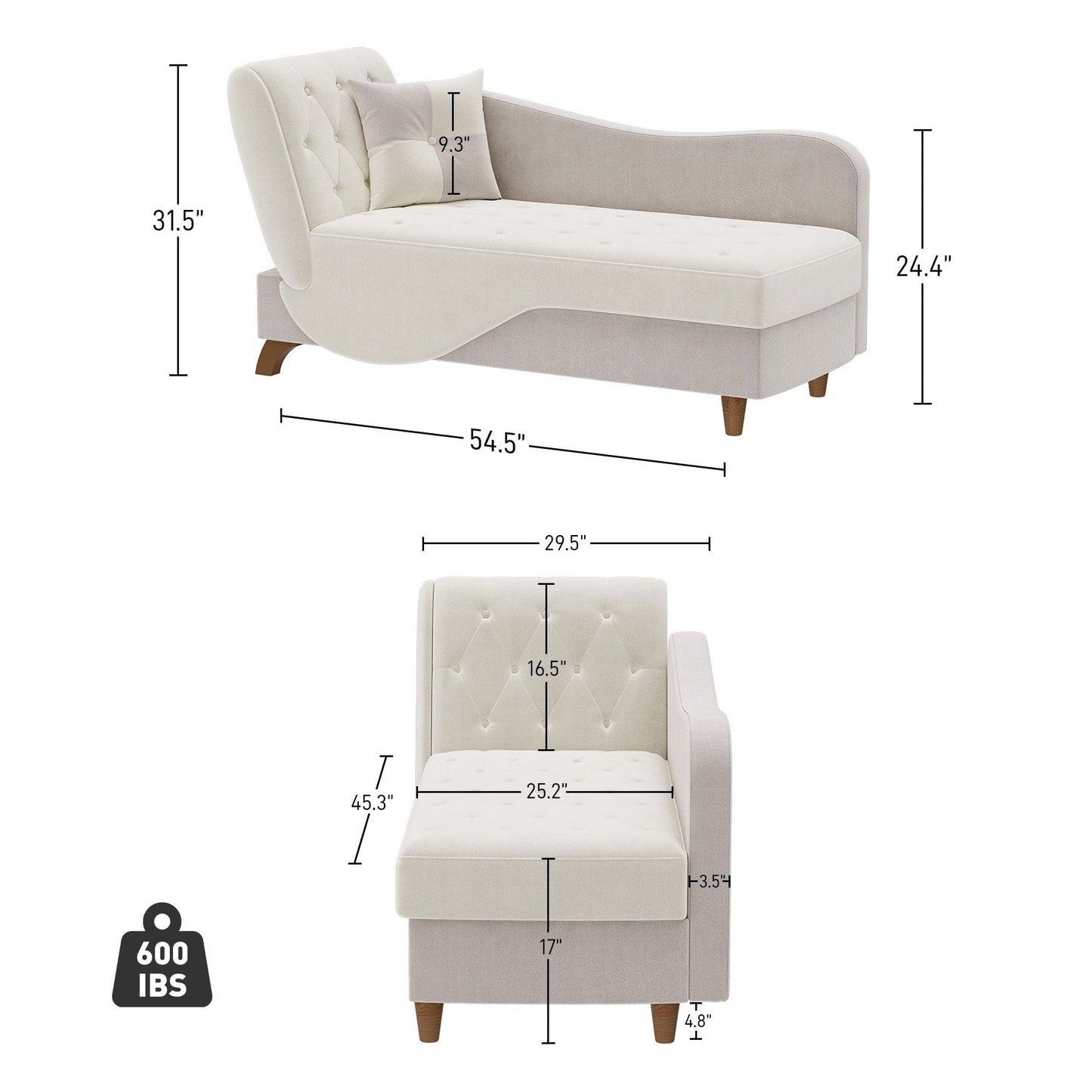 Chaise longue rembourrée Ouyessir avec accoudoir gauche et coussin lombaire