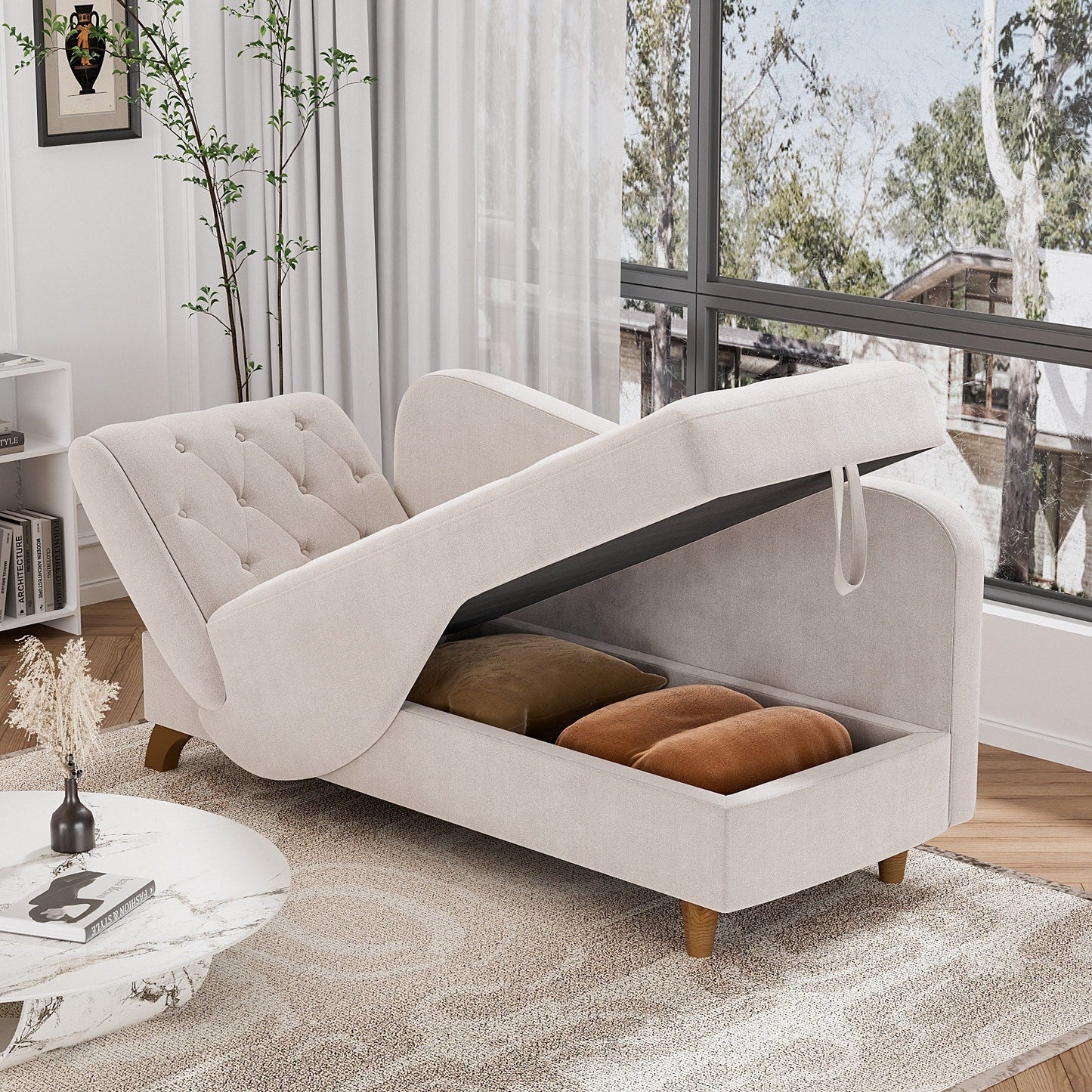 Chaise longue rembourrée Ouyessir avec accoudoir gauche et coussin lombaire