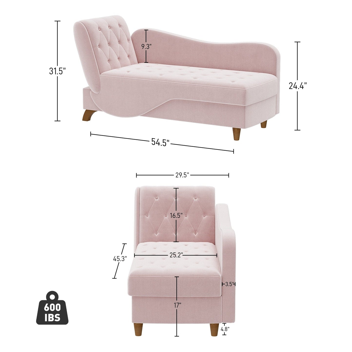 Chaise longue rembourrée Ouyessir avec accoudoir gauche et coussin lombaire