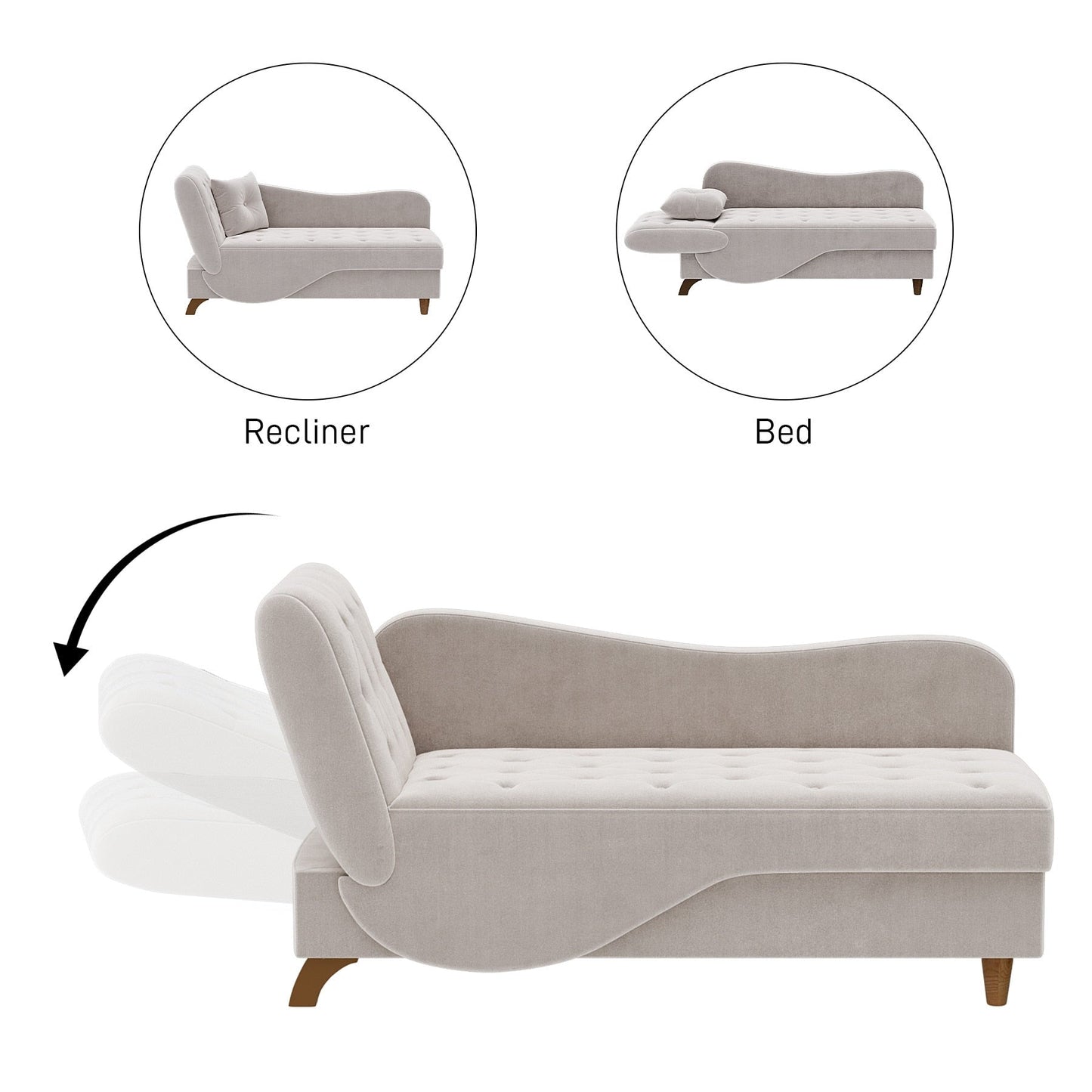 Chaise longue rembourrée Ouyessir avec accoudoir gauche et coussin lombaire