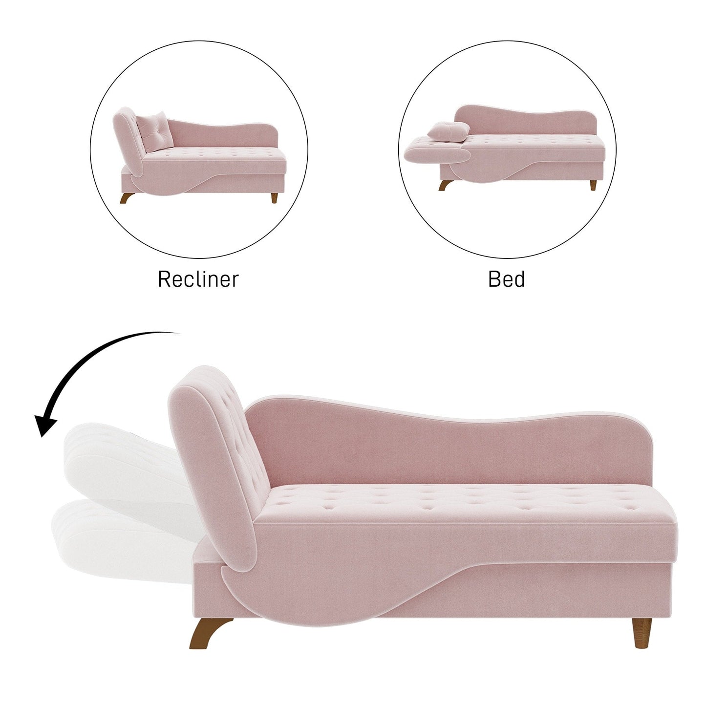 Chaise longue rembourrée Ouyessir avec accoudoir gauche et coussin lombaire