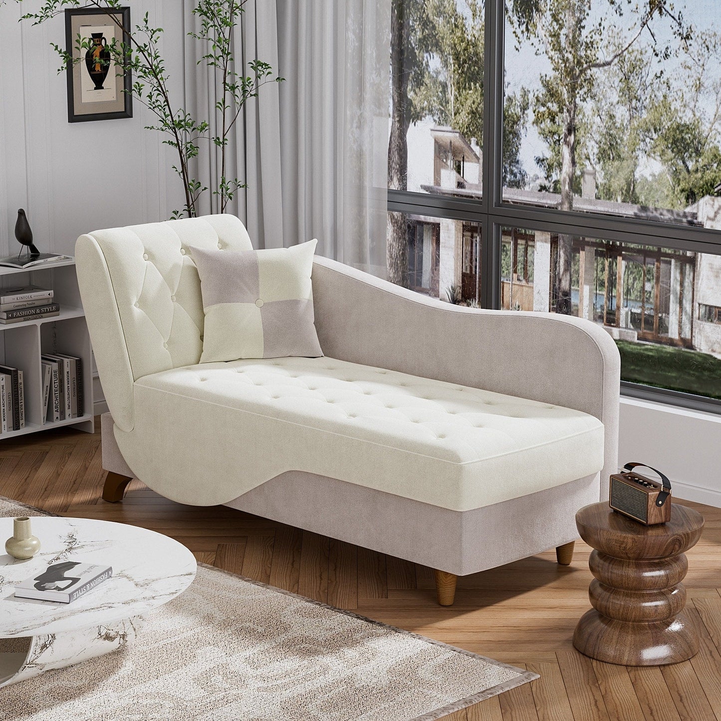 Chaise longue rembourrée Ouyessir avec accoudoir gauche et coussin lombaire