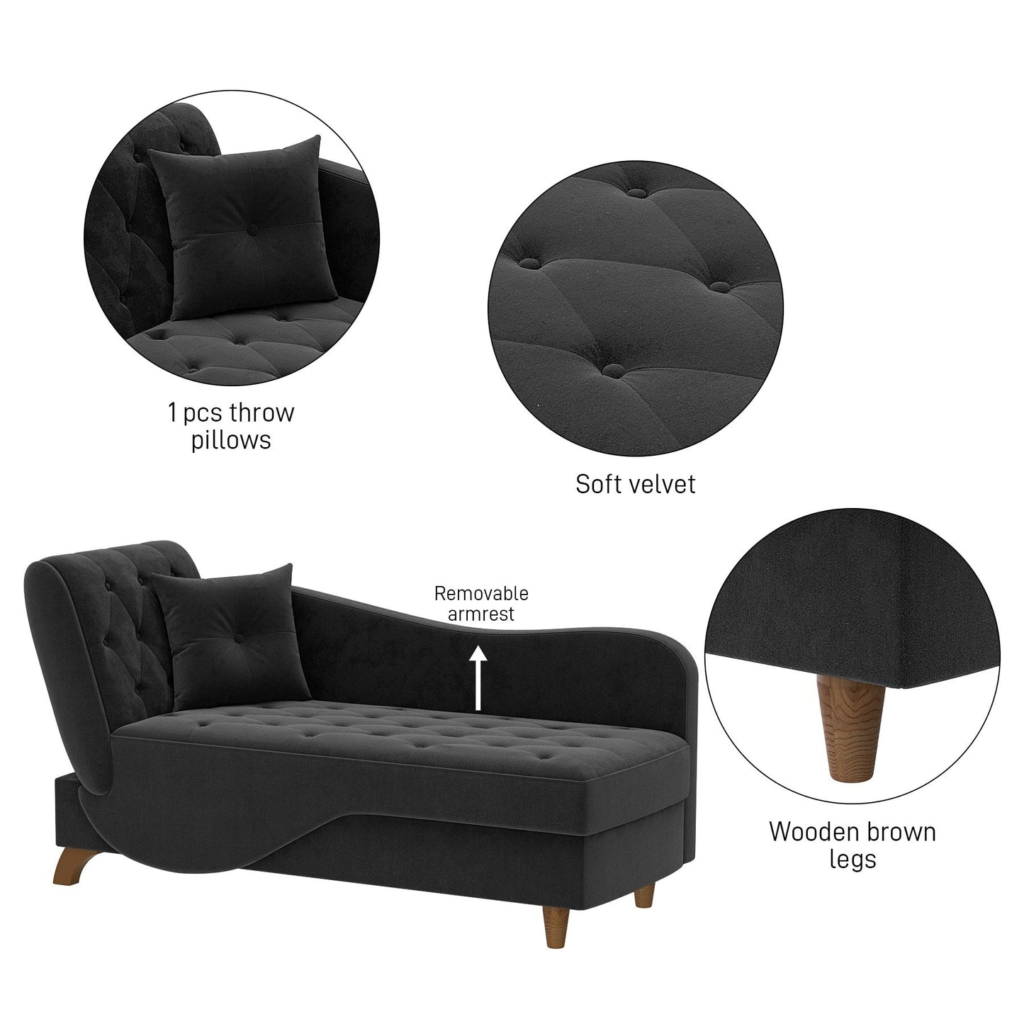 Chaise longue rembourrée Ouyessir avec accoudoir gauche et coussin lombaire