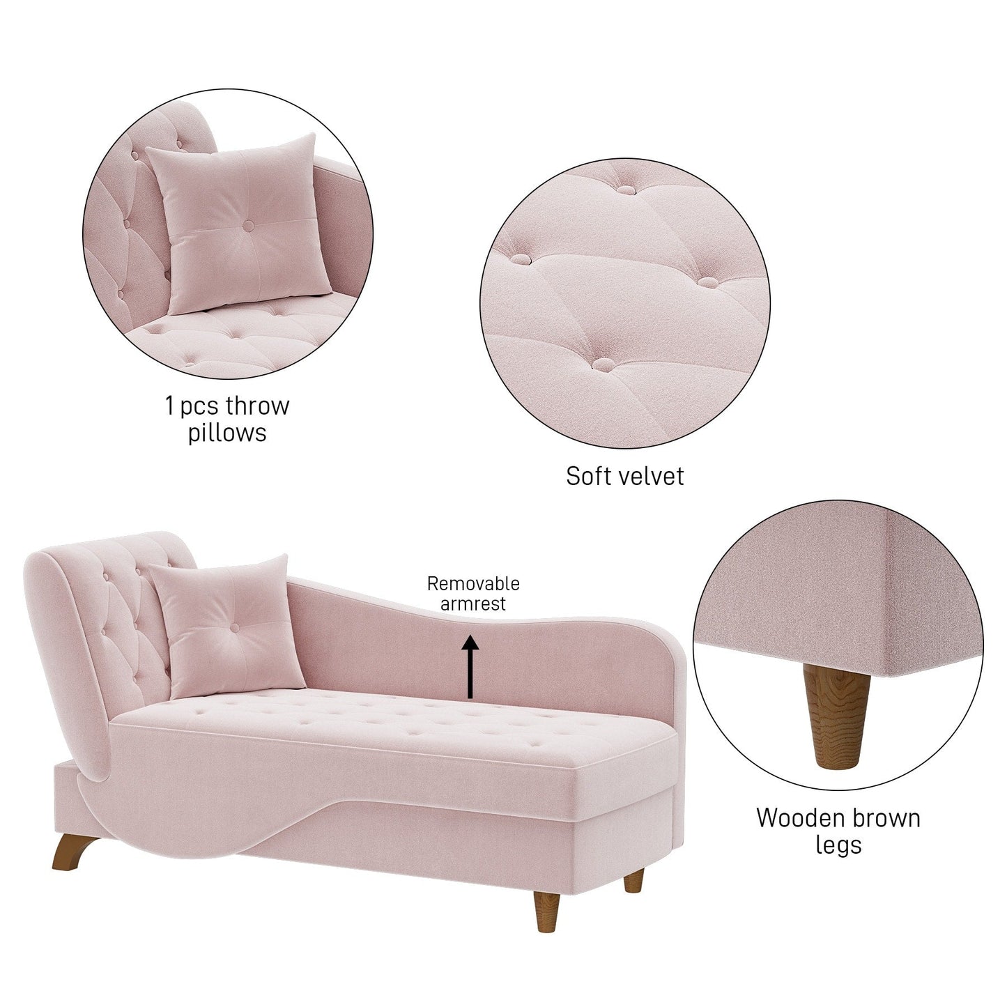 Chaise longue rembourrée Ouyessir avec accoudoir gauche et coussin lombaire