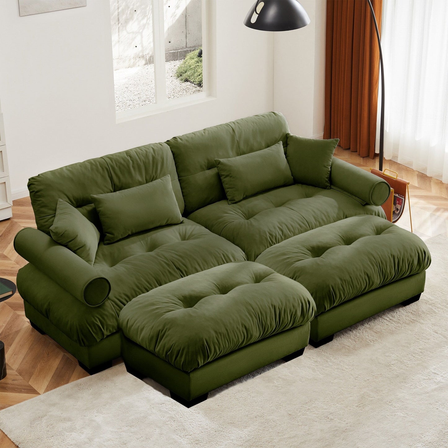 Canapé deux places surdimensionné et moderne avec pouf, 2 places en velours avec accoudoirs ronds, avec coussin de taille et coussins décoratifs