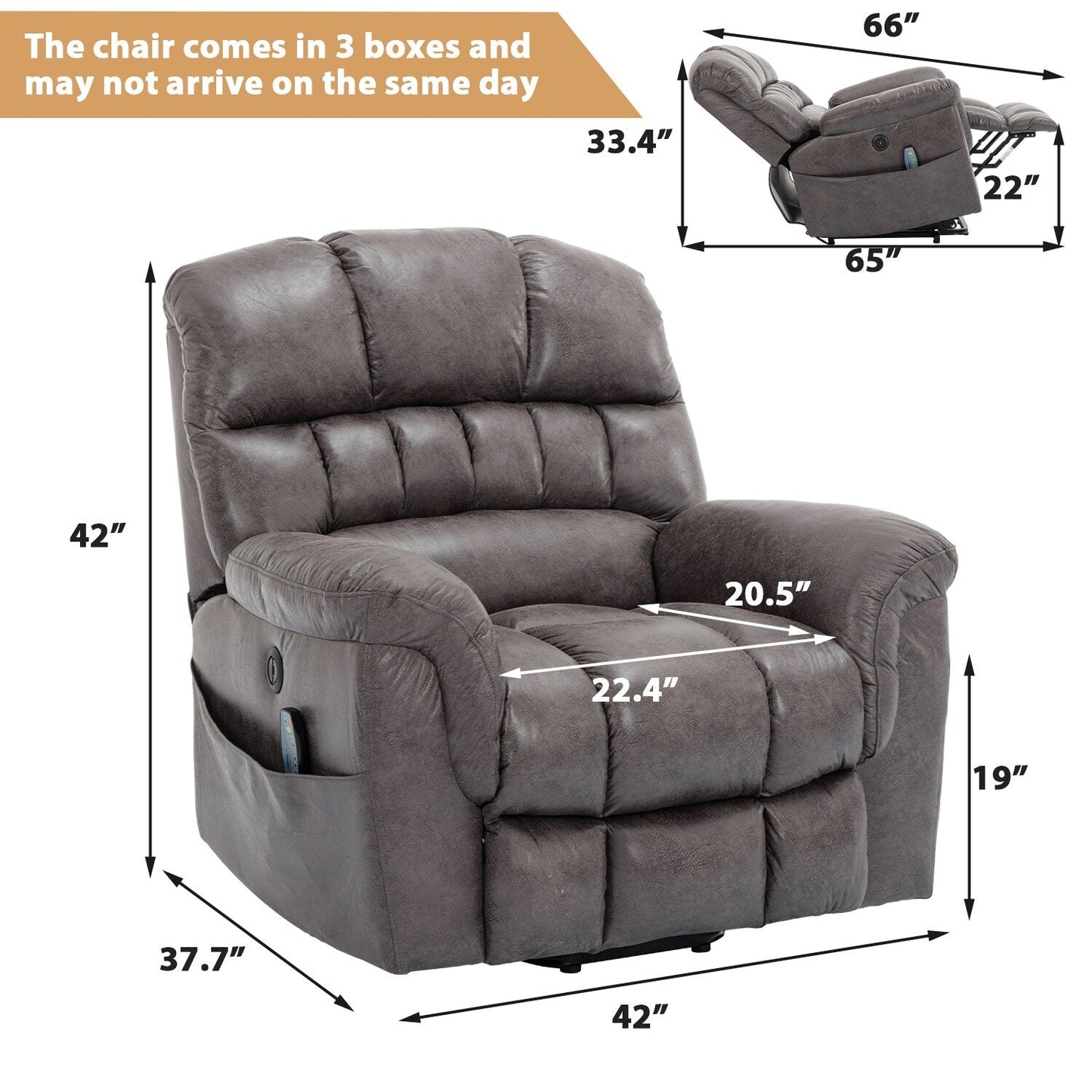 Fauteuil inclinable électrique surdimensionné de 42 po de large avec massage et chauffage