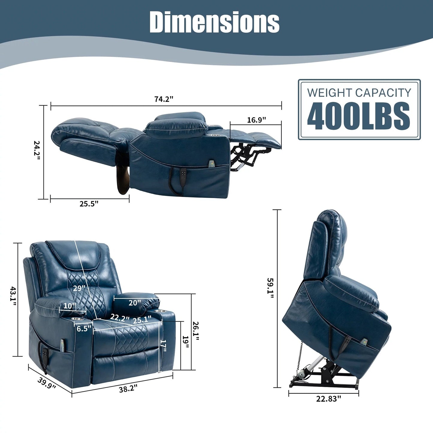 Fauteuil inclinable électrique surdimensionné à 180°, à double moteur et à commande indépendante, modèle phare amélioré