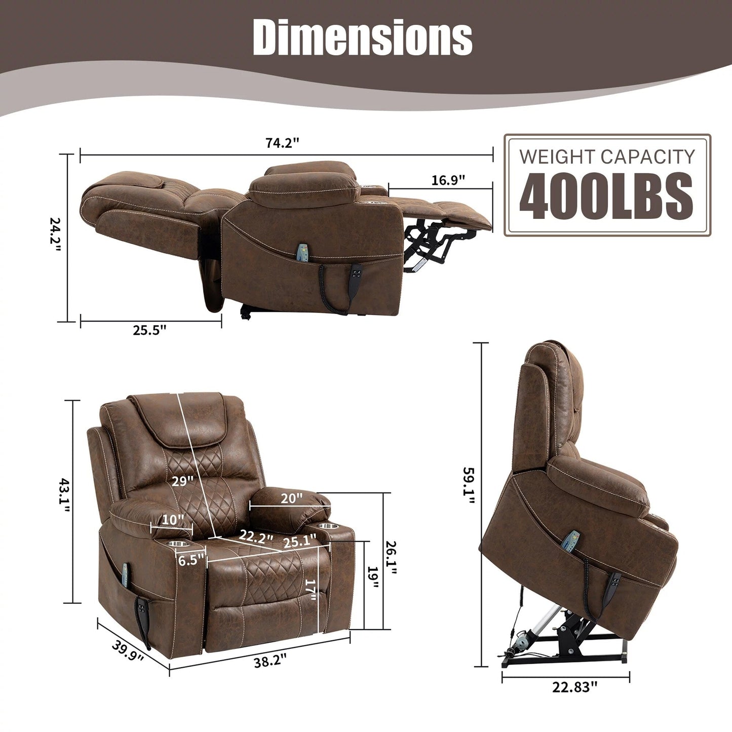 Fauteuil inclinable électrique surdimensionné à 180°, à double moteur et à commande indépendante, modèle phare amélioré