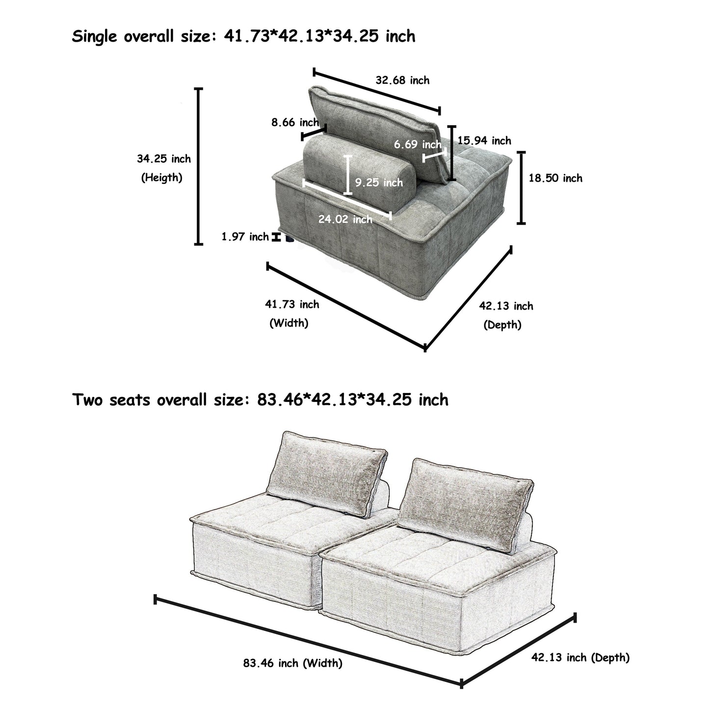 Ensemble de canapés modulaires carrés surdimensionnés en chenille, 4 pièces, avec coussins en mousse haute densité, combinaison libre