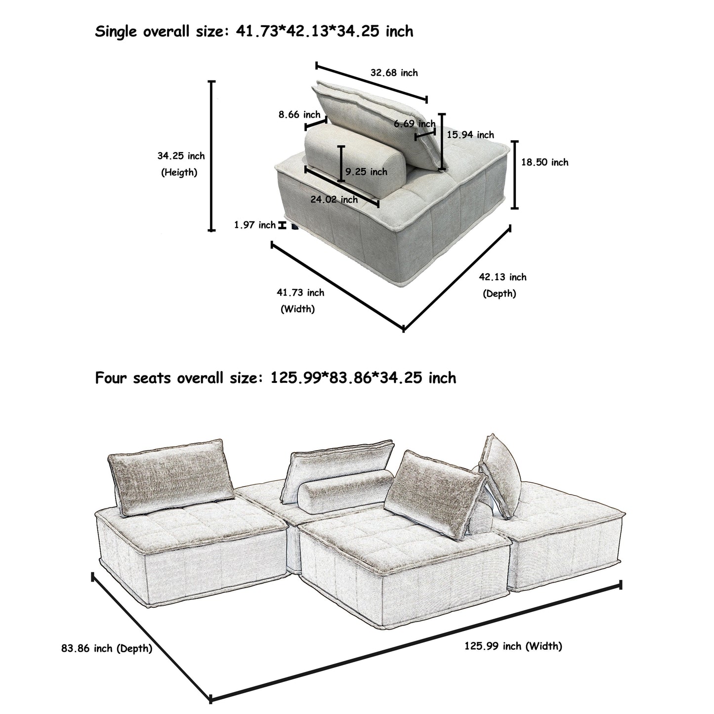 Ensemble de canapés modulaires carrés surdimensionnés en chenille, 4 pièces, avec coussins en mousse haute densité, combinaison libre