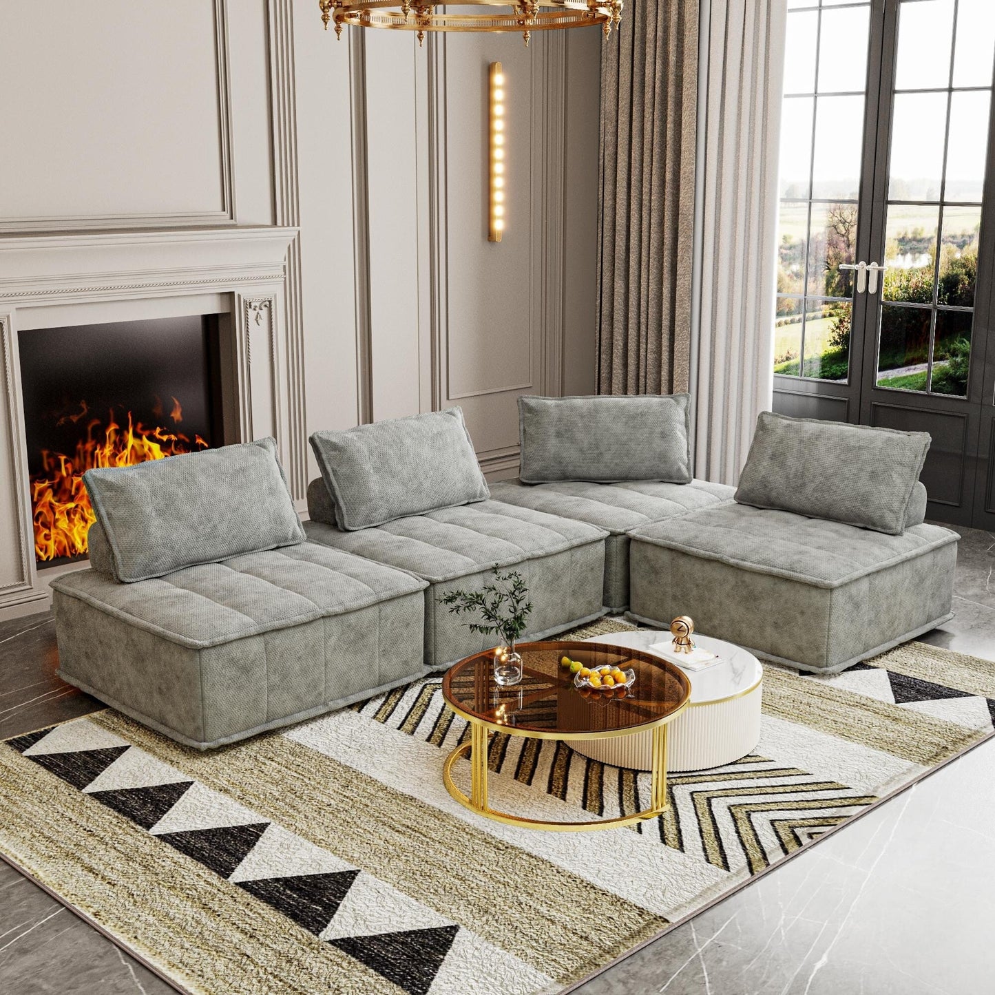 Ensemble de canapés modulaires carrés surdimensionnés en chenille, 4 pièces, avec coussins en mousse haute densité, combinaison libre