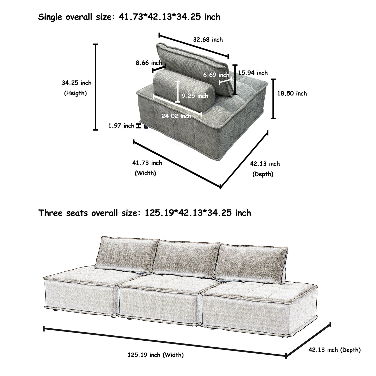 Ensemble de canapés modulaires carrés surdimensionnés en chenille, 6 pièces, avec coussins en mousse haute densité, combinaison libre