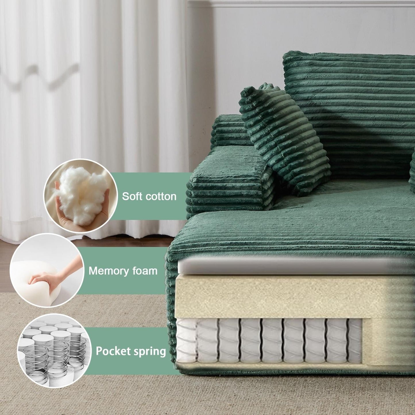 Canapé-lit surdimensionné en velours côtelé avec coussins pour salon, sans assemblage