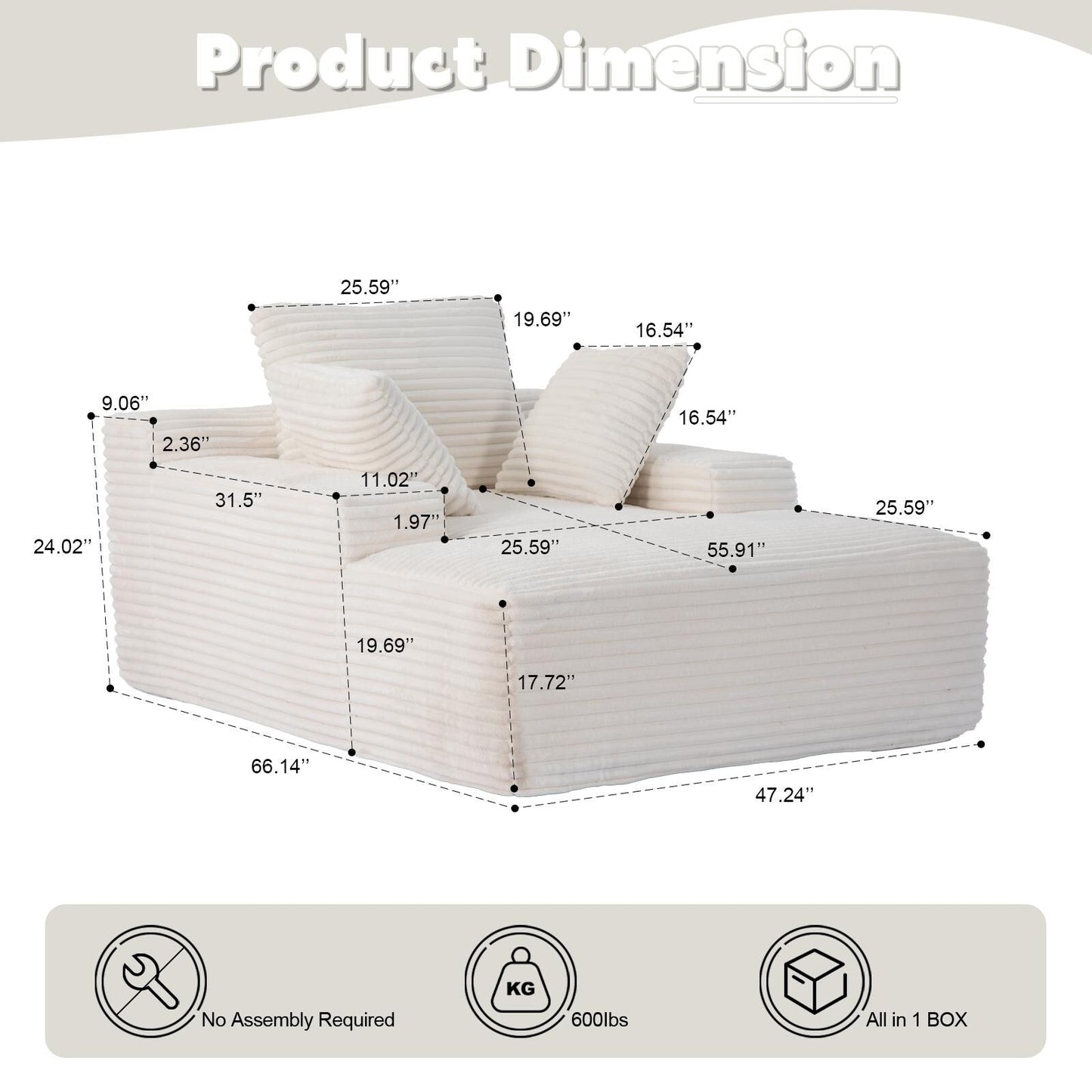 Canapé-lit surdimensionné en velours côtelé avec coussins pour salon, sans assemblage