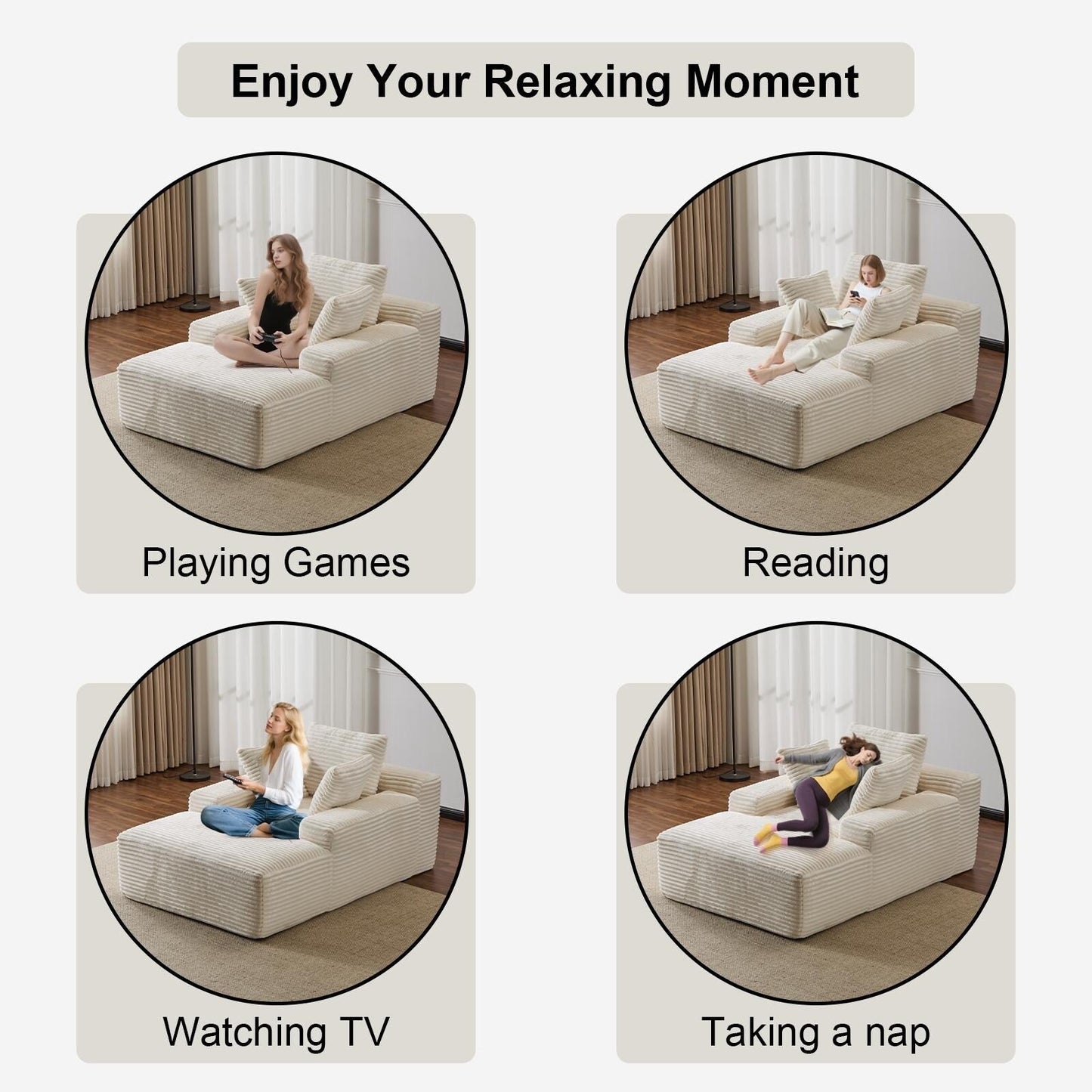 Canapé-lit surdimensionné en velours côtelé avec coussins pour salon, sans assemblage