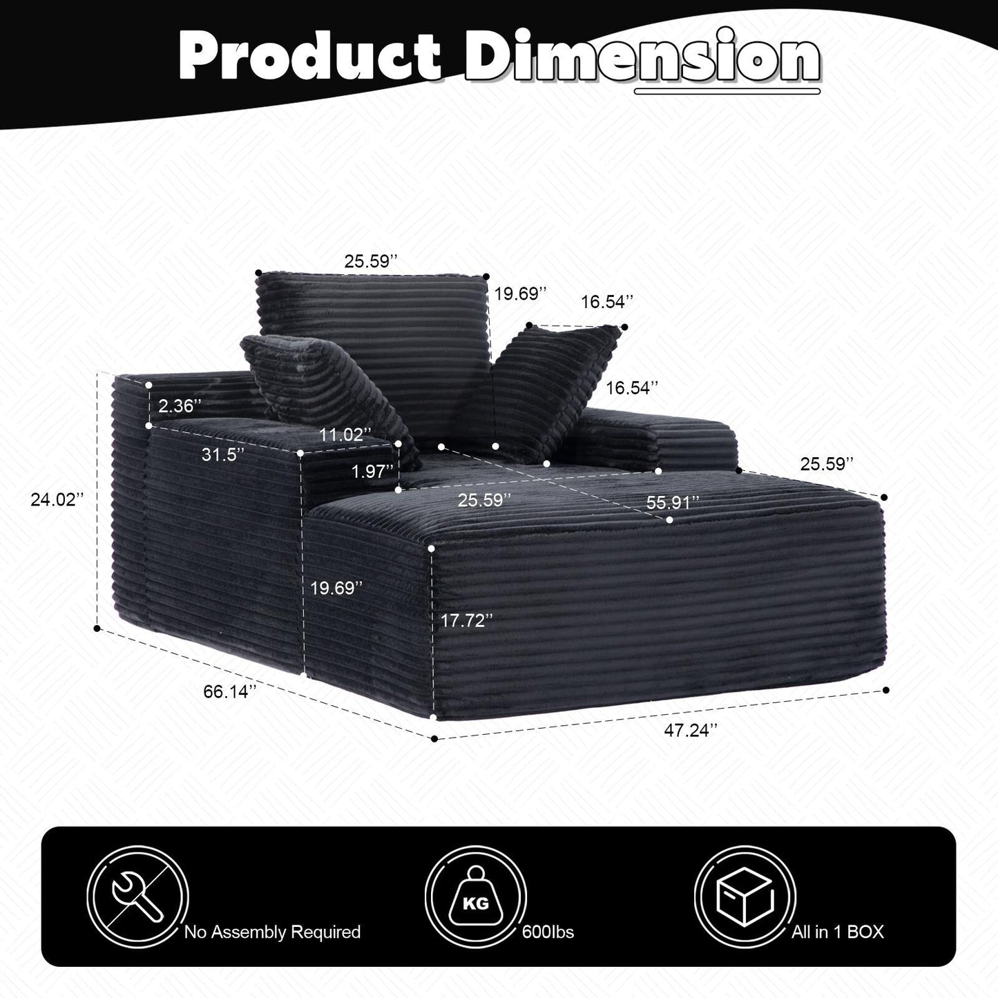 Canapé-lit surdimensionné en velours côtelé avec coussins pour salon, sans assemblage