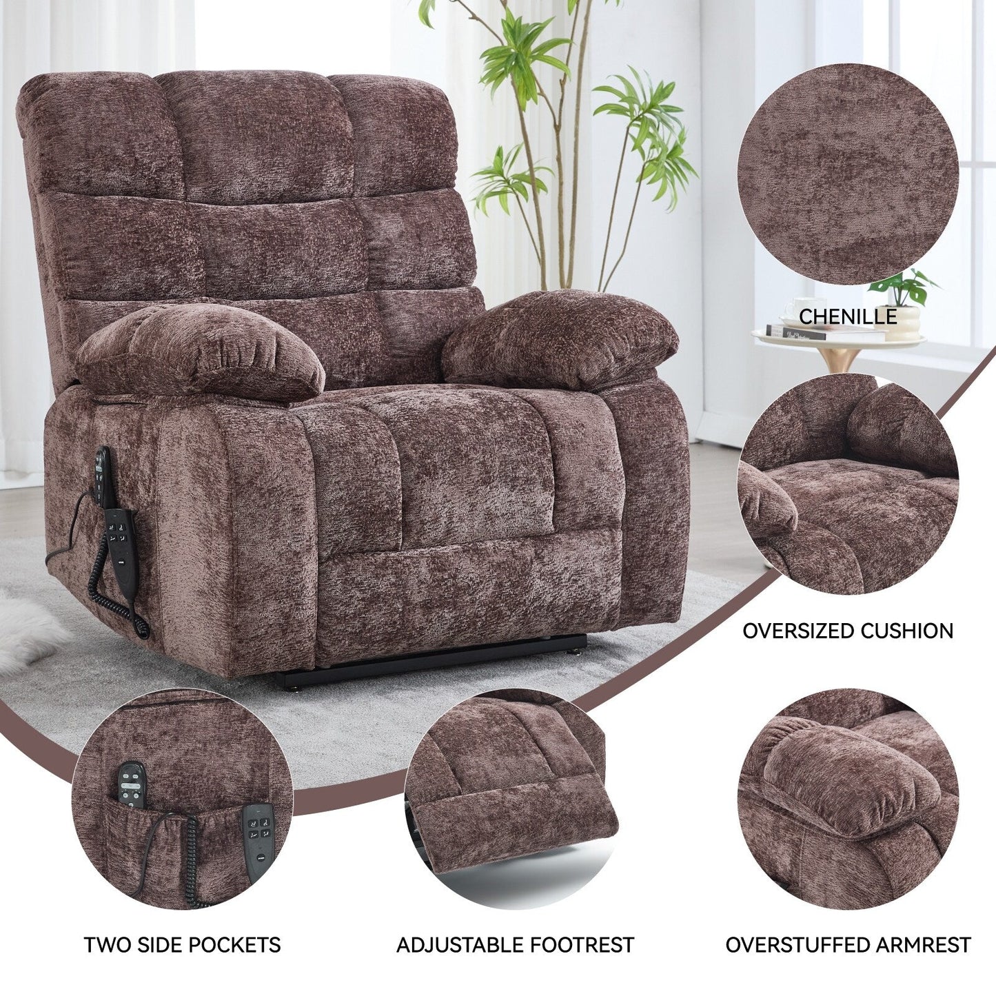 Fauteuil inclinable électrique surdimensionné en chenille avec massage et chauffage lombaire, port de charge, position allongée à 180°