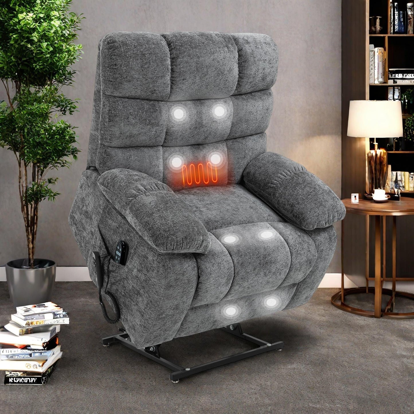 Fauteuil inclinable électrique surdimensionné en chenille avec massage et chauffage lombaire, port de charge, position allongée à 180°