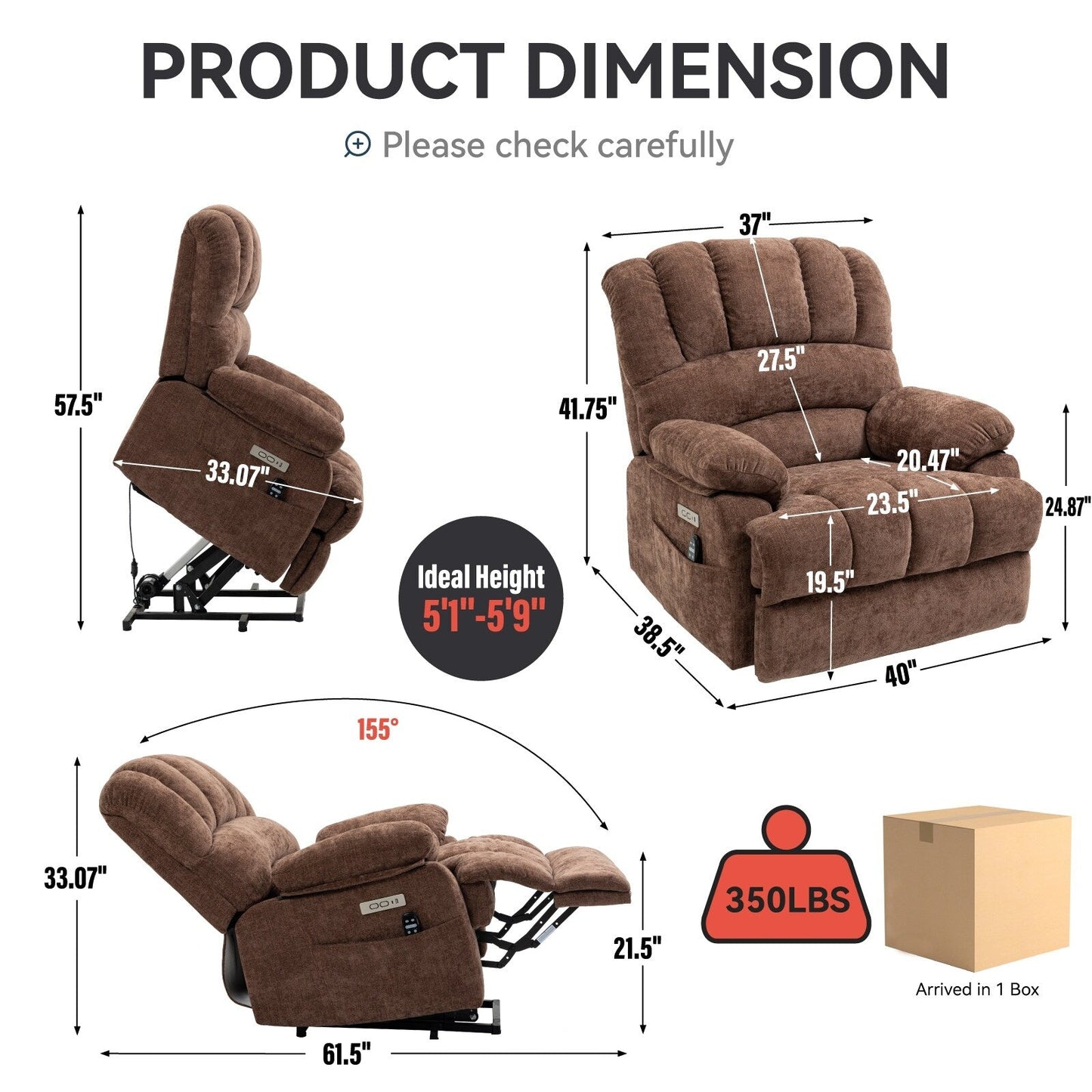 Fauteuil inclinable électrique surdimensionné en chenille avec massage et chauffage lombaire, port de charge USB