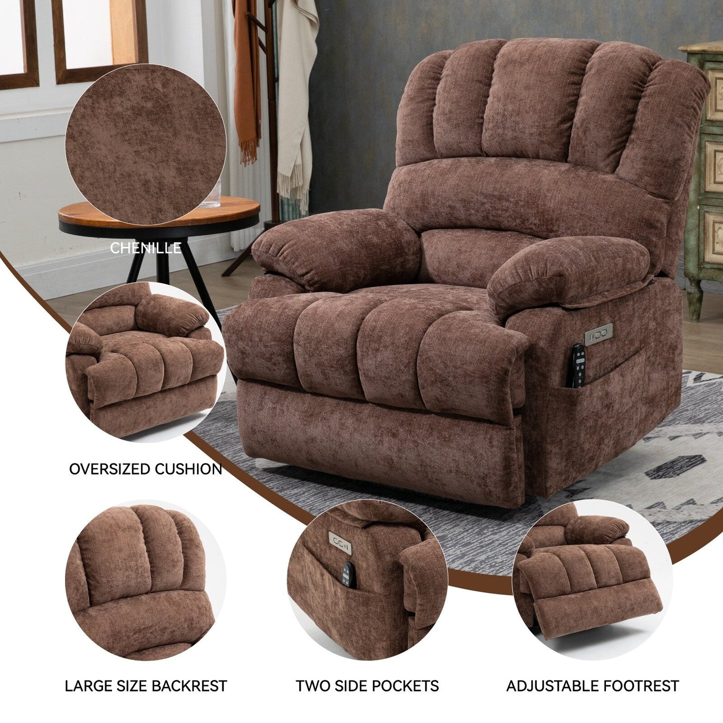 Fauteuil inclinable électrique surdimensionné en chenille avec massage et chauffage lombaire, port de charge USB