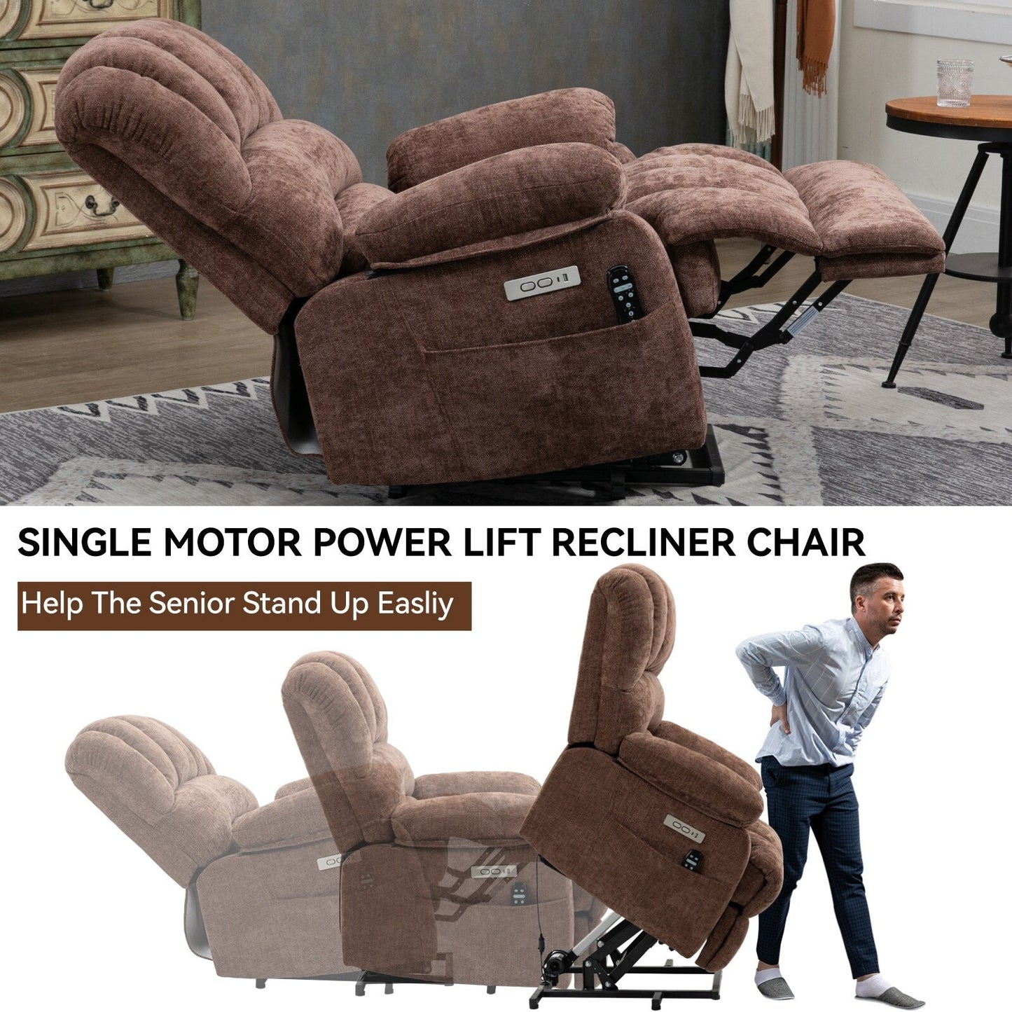 Fauteuil inclinable électrique surdimensionné en chenille avec massage et chauffage lombaire, port de charge USB
