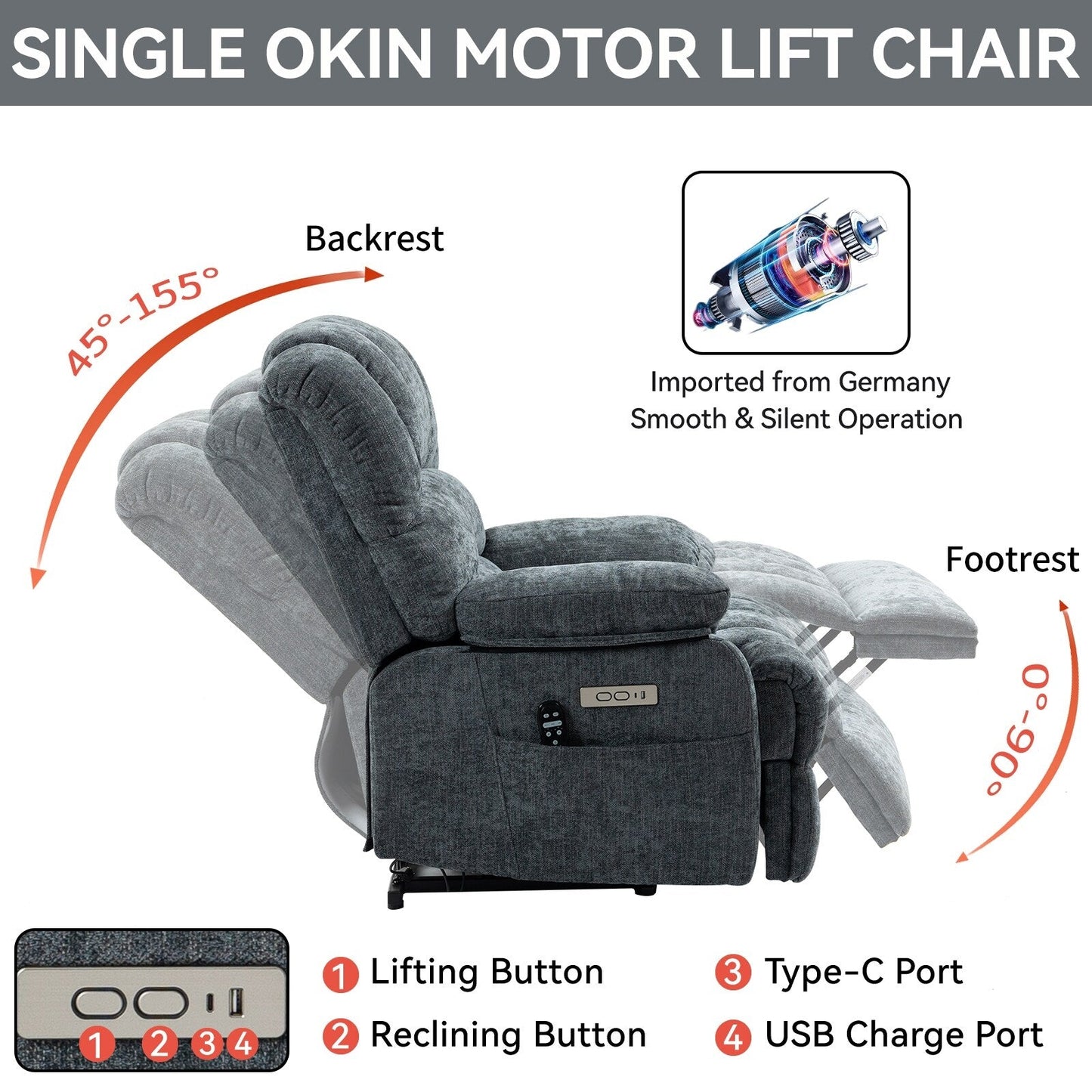 Fauteuil inclinable électrique surdimensionné en chenille avec massage et chauffage lombaire, port de charge USB