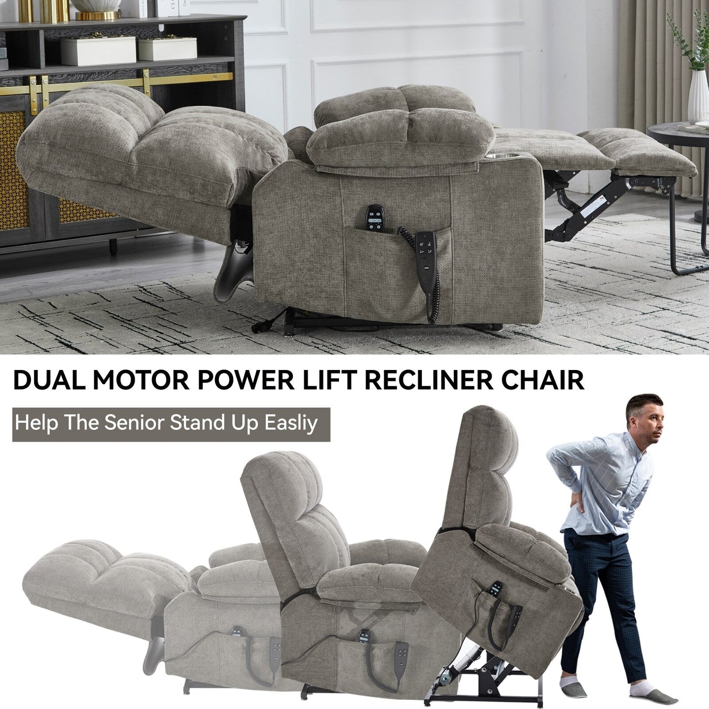 Fauteuil inclinable électrique surdimensionné en chenille avec deux porte-gobelets