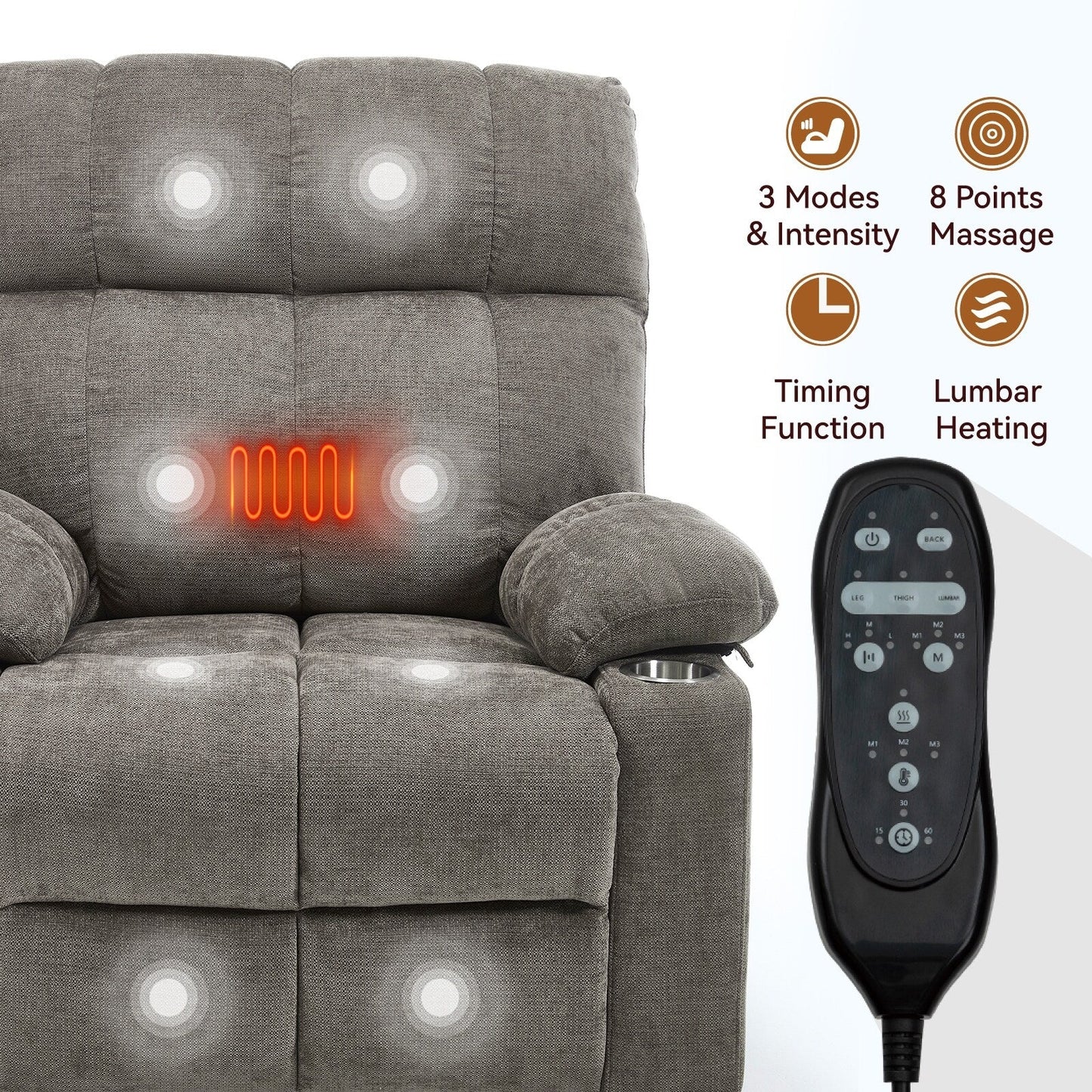 Fauteuil inclinable électrique surdimensionné en chenille avec deux porte-gobelets