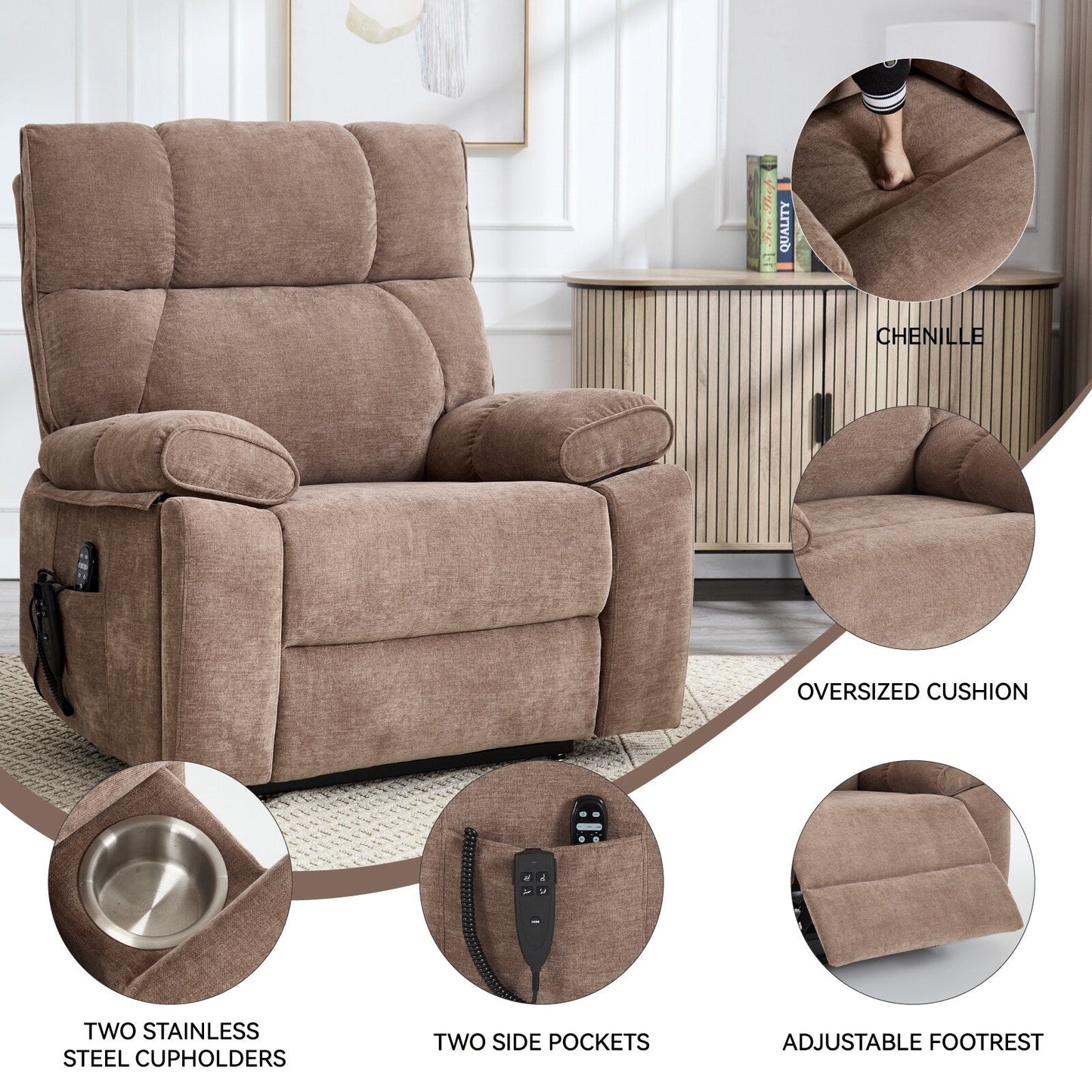 Fauteuil inclinable électrique surdimensionné en chenille avec massage et chauffage