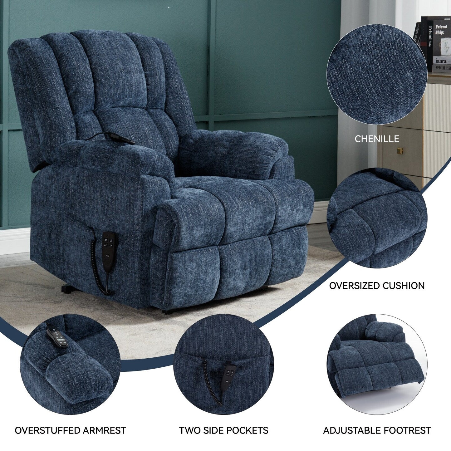 Fauteuil inclinable massant électrique surdimensionné en chenille avec chauffage lombaire et massage, position à plat à 180°