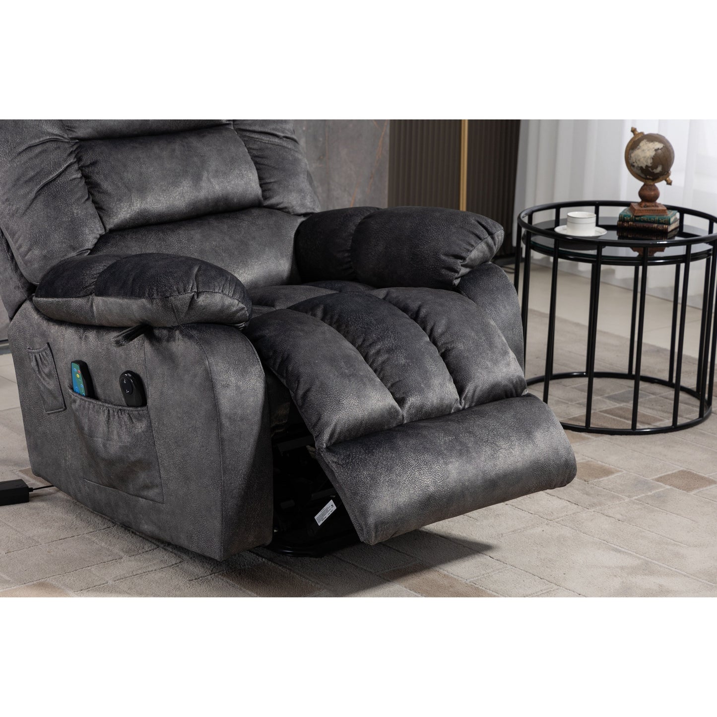Fauteuil inclinable électrique surdimensionné en tissu chenille avec massage à 8 points et chauffage lombaire, poches latérales