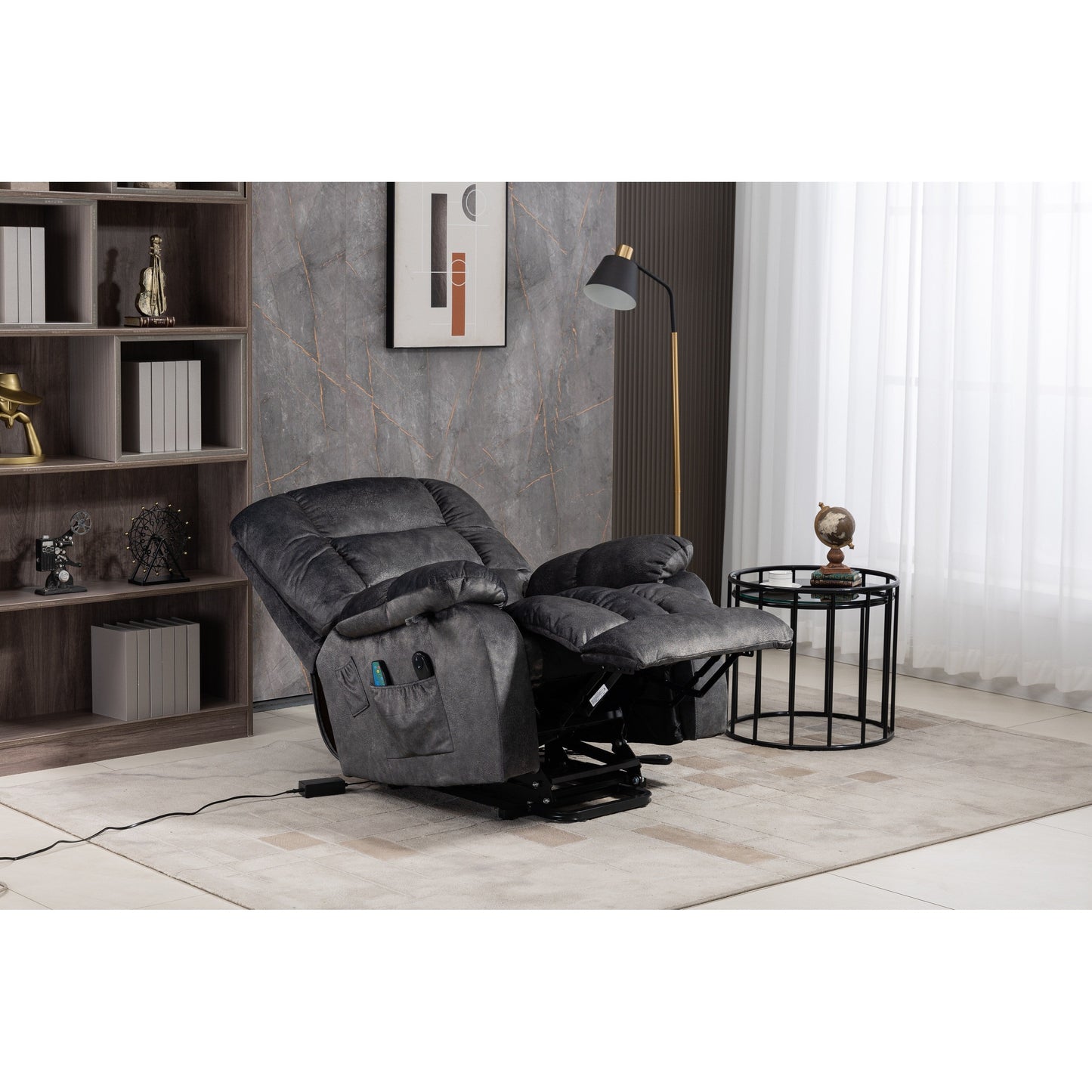 Fauteuil inclinable électrique surdimensionné en tissu chenille avec massage à 8 points et chauffage lombaire, poches latérales