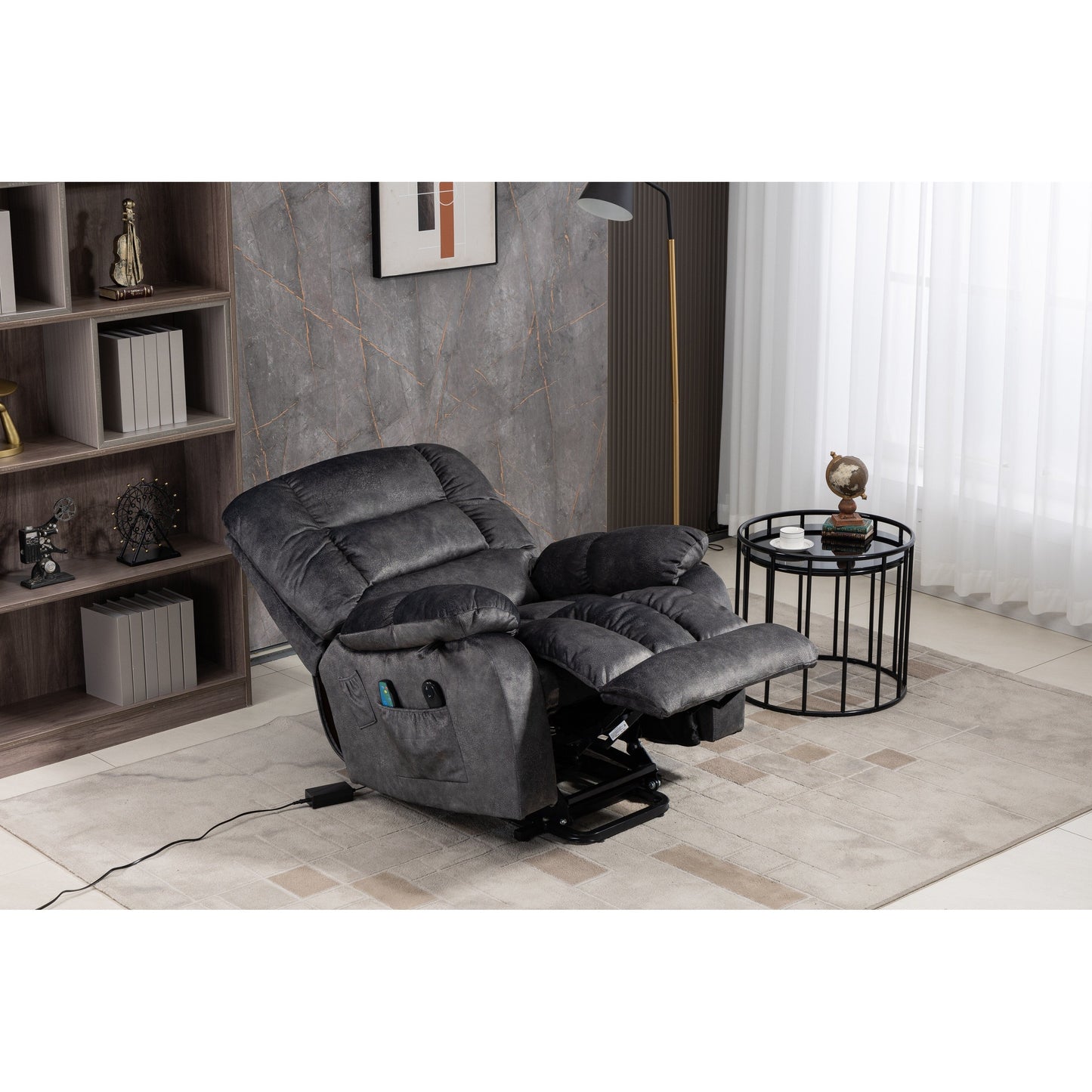 Fauteuil inclinable électrique surdimensionné en tissu chenille avec massage à 8 points et chauffage lombaire, poches latérales