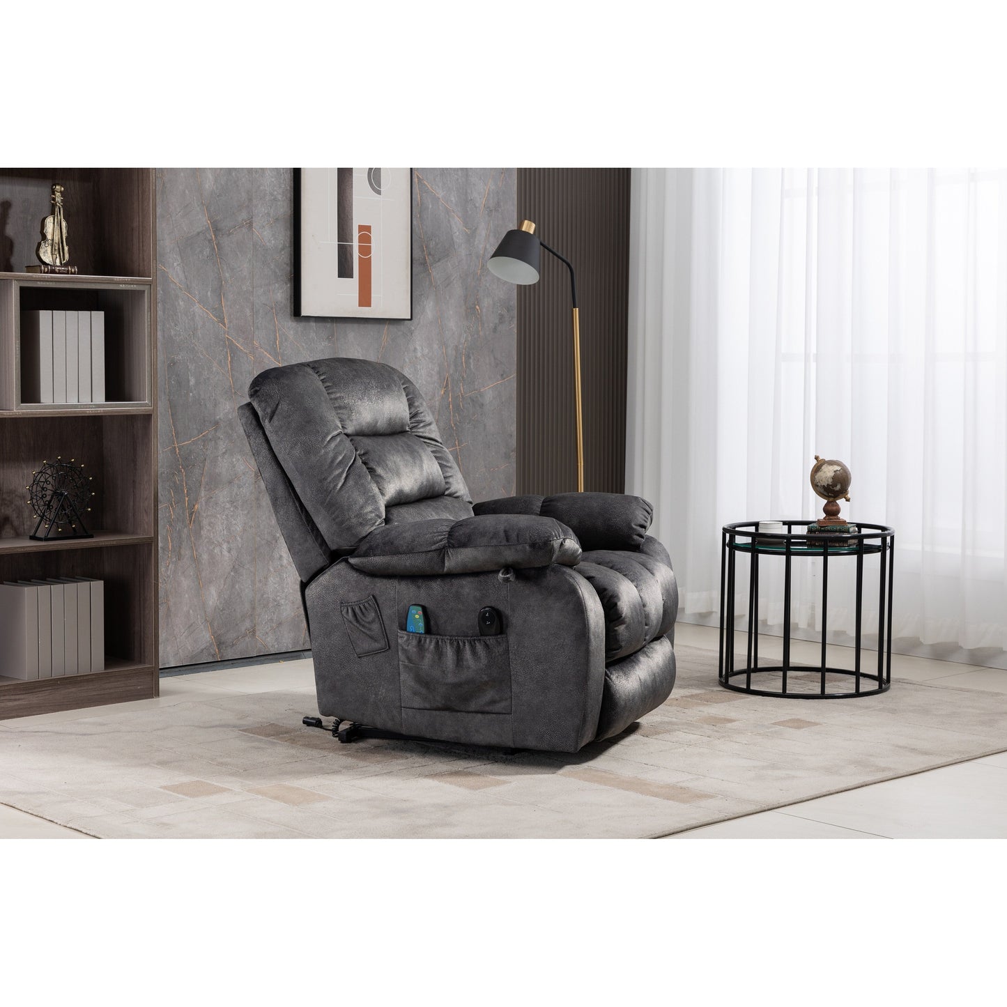 Fauteuil inclinable électrique surdimensionné en tissu chenille avec massage à 8 points et chauffage lombaire, poches latérales