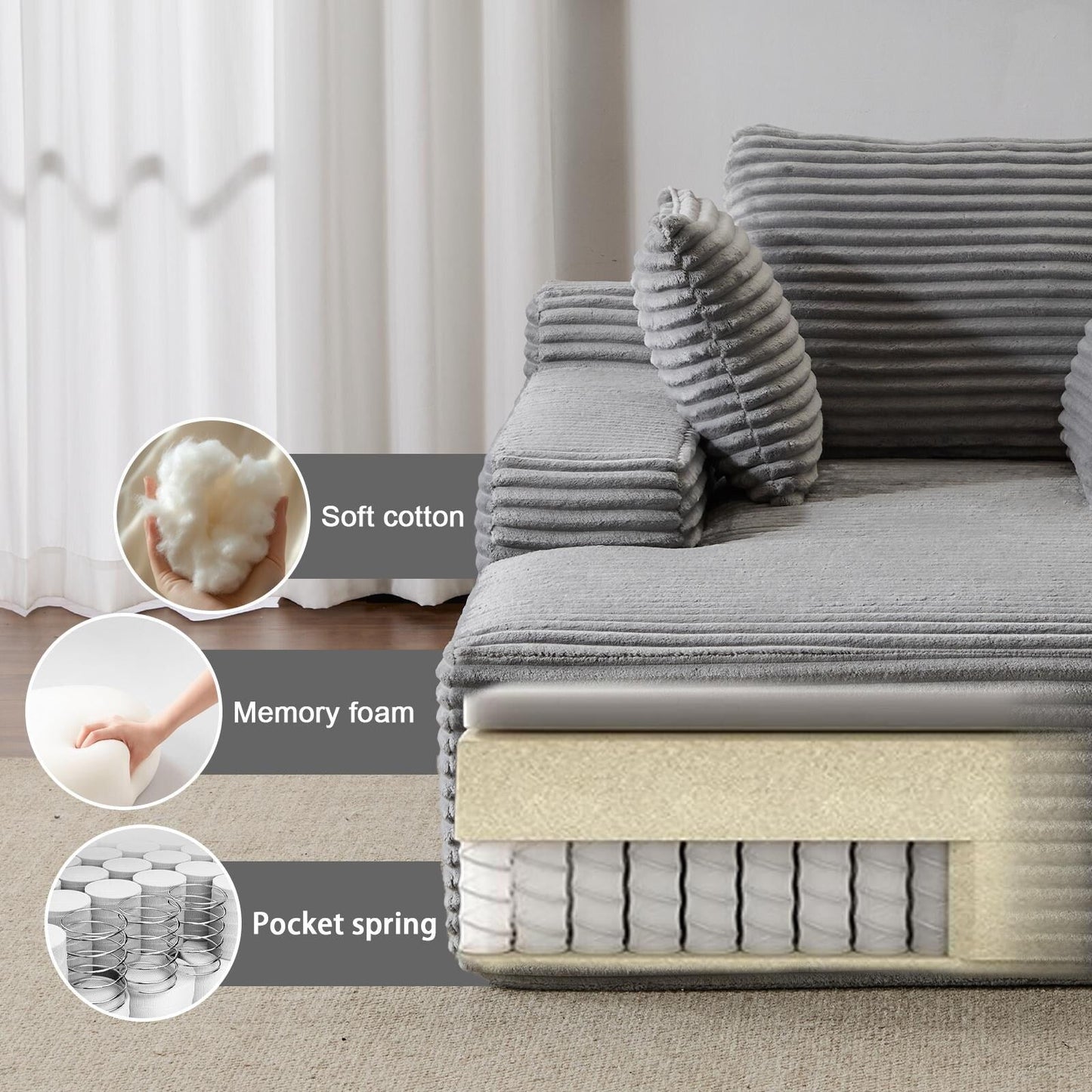 Canapé-lit méridienne surdimensionné en velours côtelé avec 3 coussins et accoudoirs larges, sans assemblage, gris