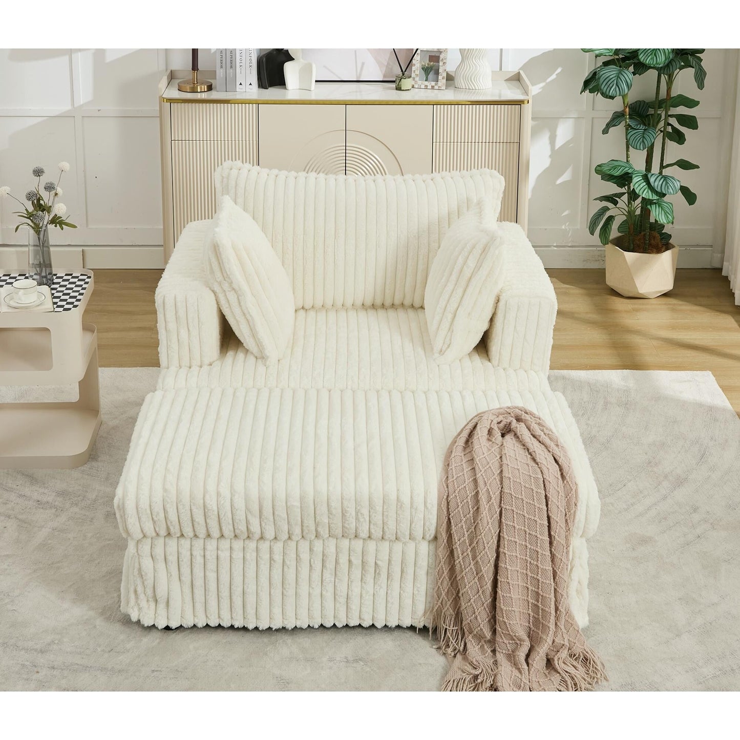 Fauteuil inclinable surdimensionné en velours côtelé, fauteuil à siège profond, canapé simple rembourré et épais avec oreiller et pouf