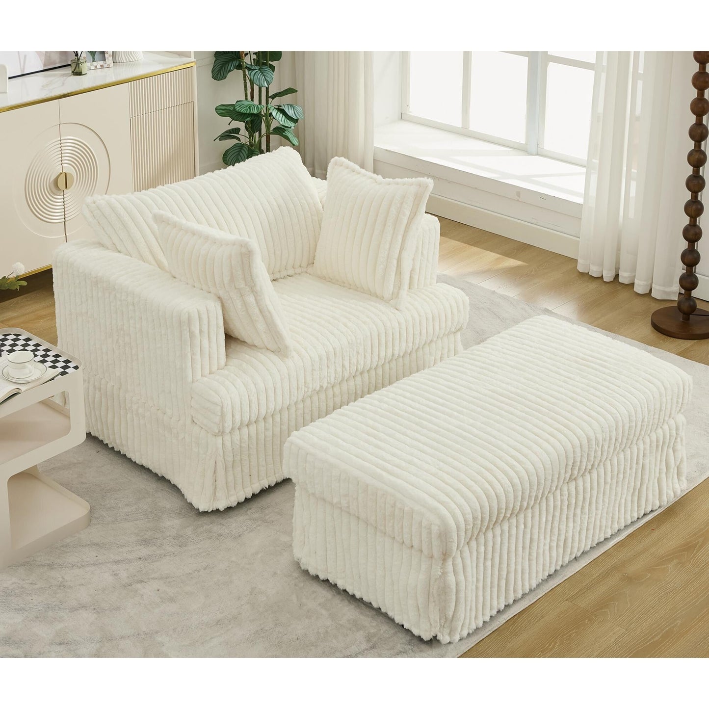Fauteuil inclinable surdimensionné en velours côtelé, fauteuil à siège profond, canapé simple rembourré et épais avec oreiller et pouf