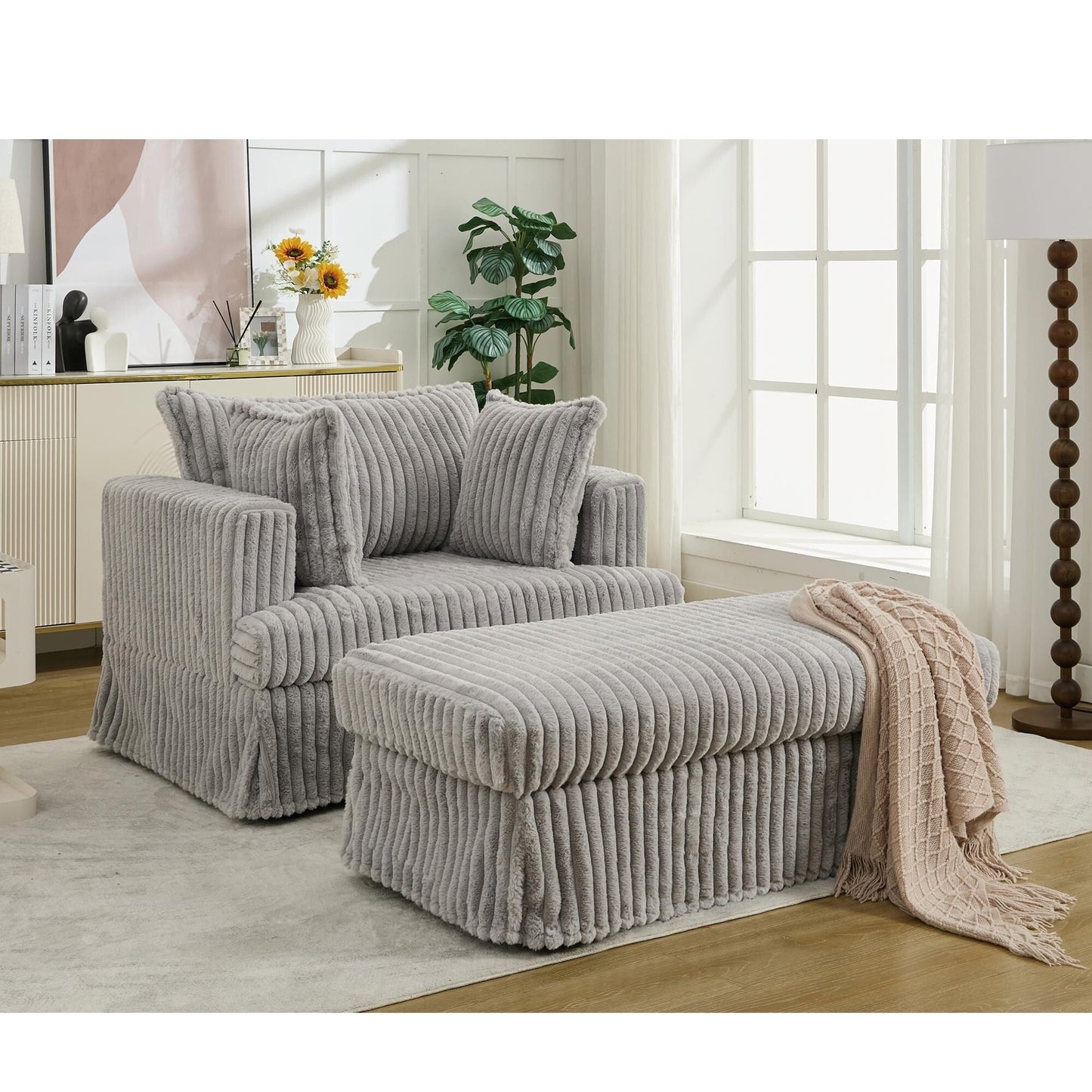 Fauteuil inclinable surdimensionné en velours côtelé, fauteuil à siège profond, canapé simple rembourré et épais avec oreiller et pouf