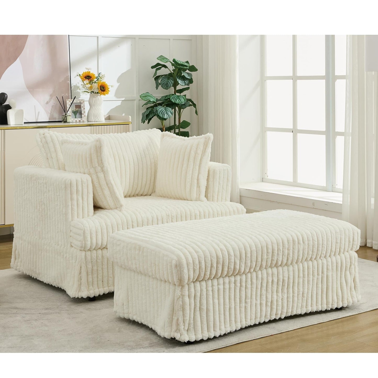Fauteuil inclinable surdimensionné en velours côtelé, fauteuil à siège profond, canapé simple rembourré et épais avec oreiller et pouf