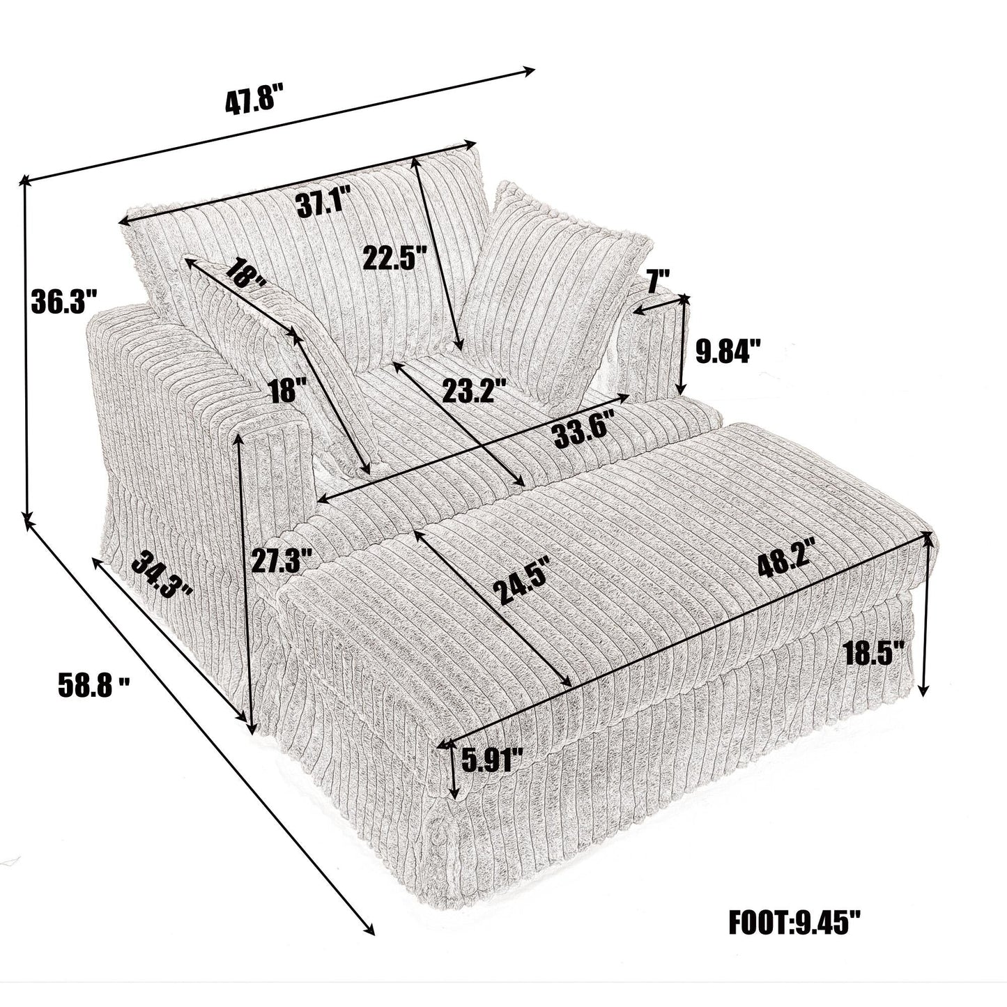 Fauteuil inclinable surdimensionné en velours côtelé, fauteuil à siège profond, canapé simple rembourré et épais avec oreiller et pouf