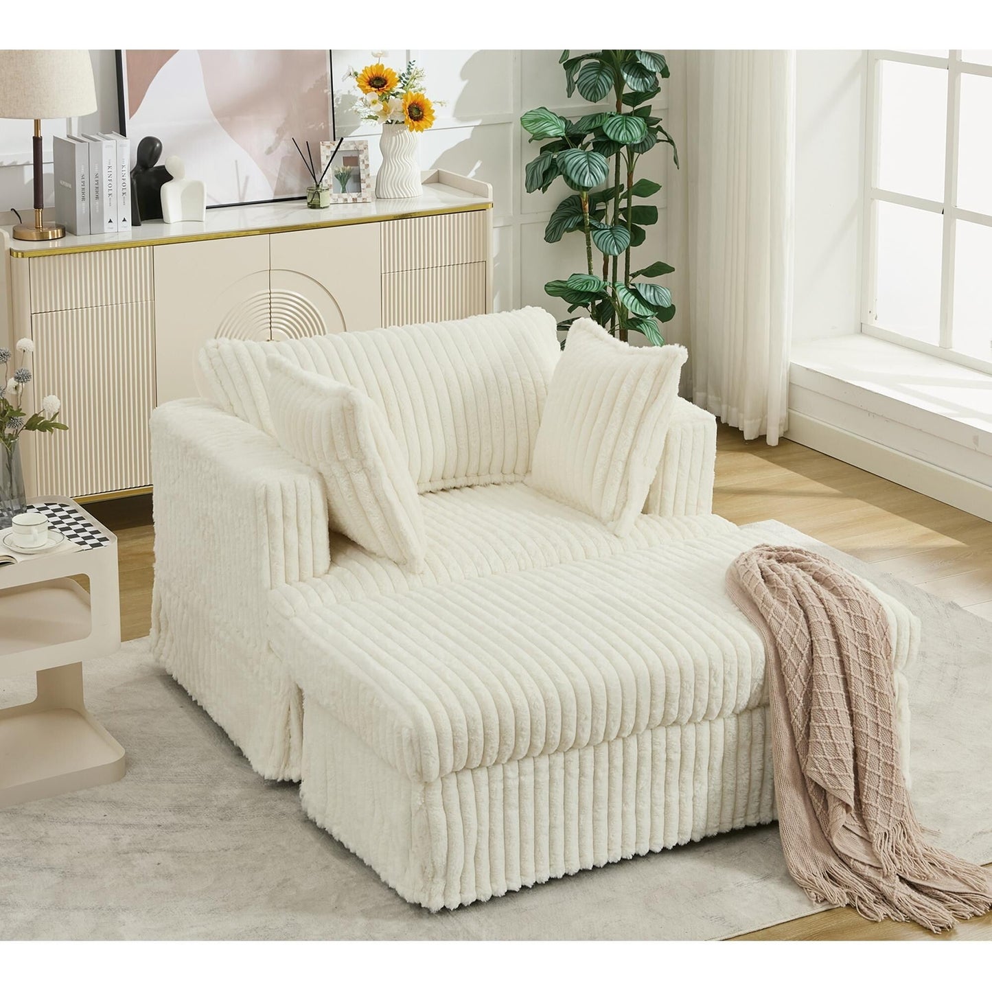 Fauteuil inclinable surdimensionné en velours côtelé, fauteuil à siège profond, canapé simple rembourré et épais avec oreiller et pouf