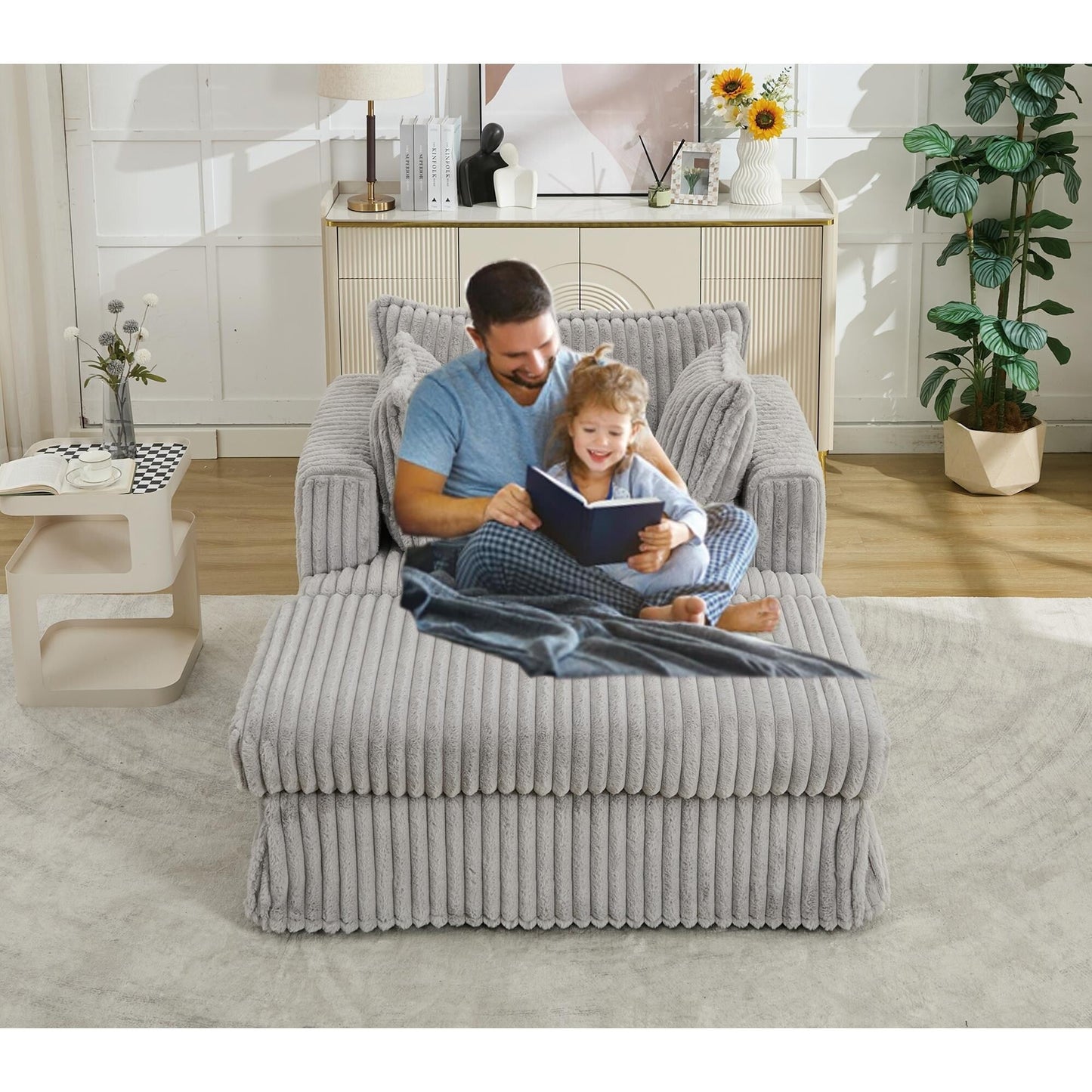 Fauteuil inclinable surdimensionné en velours côtelé, fauteuil à siège profond, canapé simple rembourré et épais avec oreiller et pouf